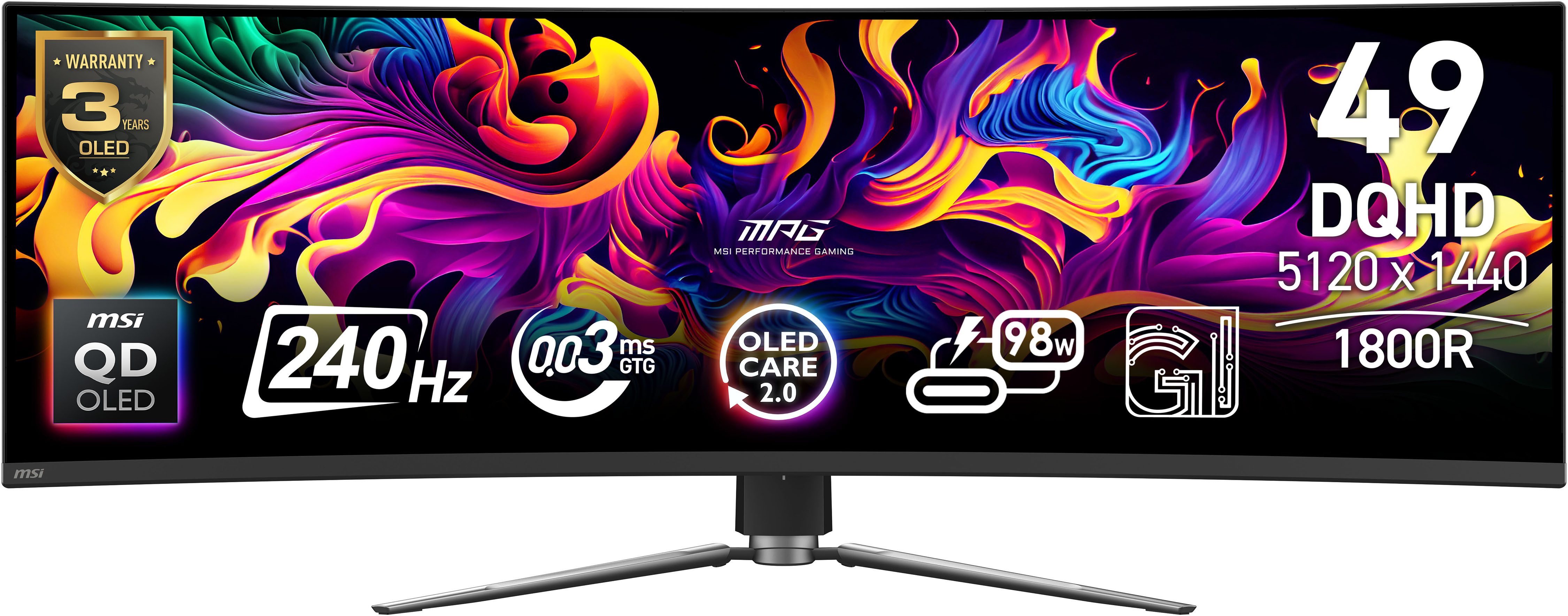 MSI MPG 491CQPX QD-OLED Curved-OLED-Monitor (125 cm/49 ", 5120 x 1440 px, DQHD, 0,03 ms Reaktionszeit, 240 Hz, QD-OLED)