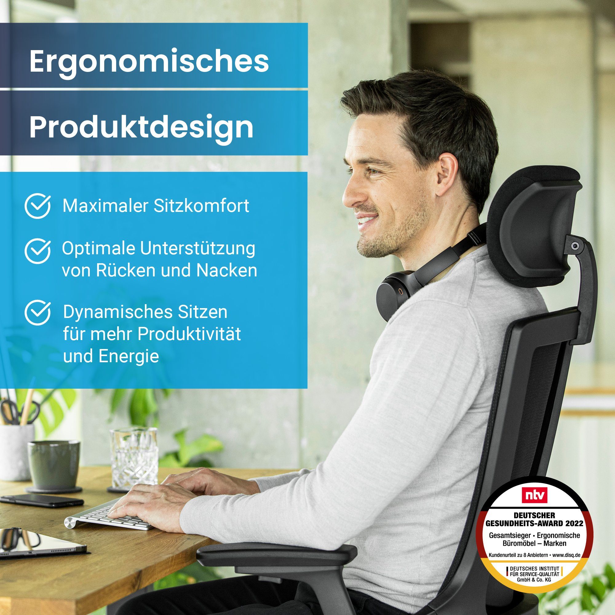 Ergotopia Bürostuhl ergonomischer Schreibtischstuhl NextBack, Drehstuhl mit  3D Armlehnen & verstellbarer Kopfstütze