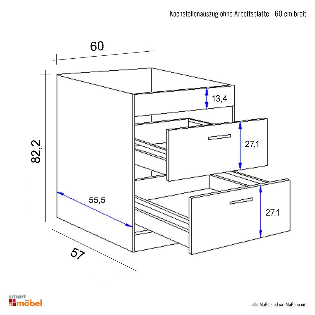 Flex-Well Auszugsunterschrank Kochstellenauszugsschrank ohne Arbeitsplatte - 60 cm breit - Anthrazit