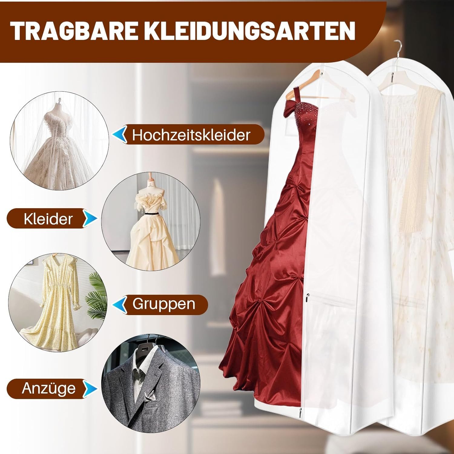 Zaewry Kleidersack Lang 180×60 cm, Faltbare Kleiderhülle mit 4 Taschen, mit Griffen