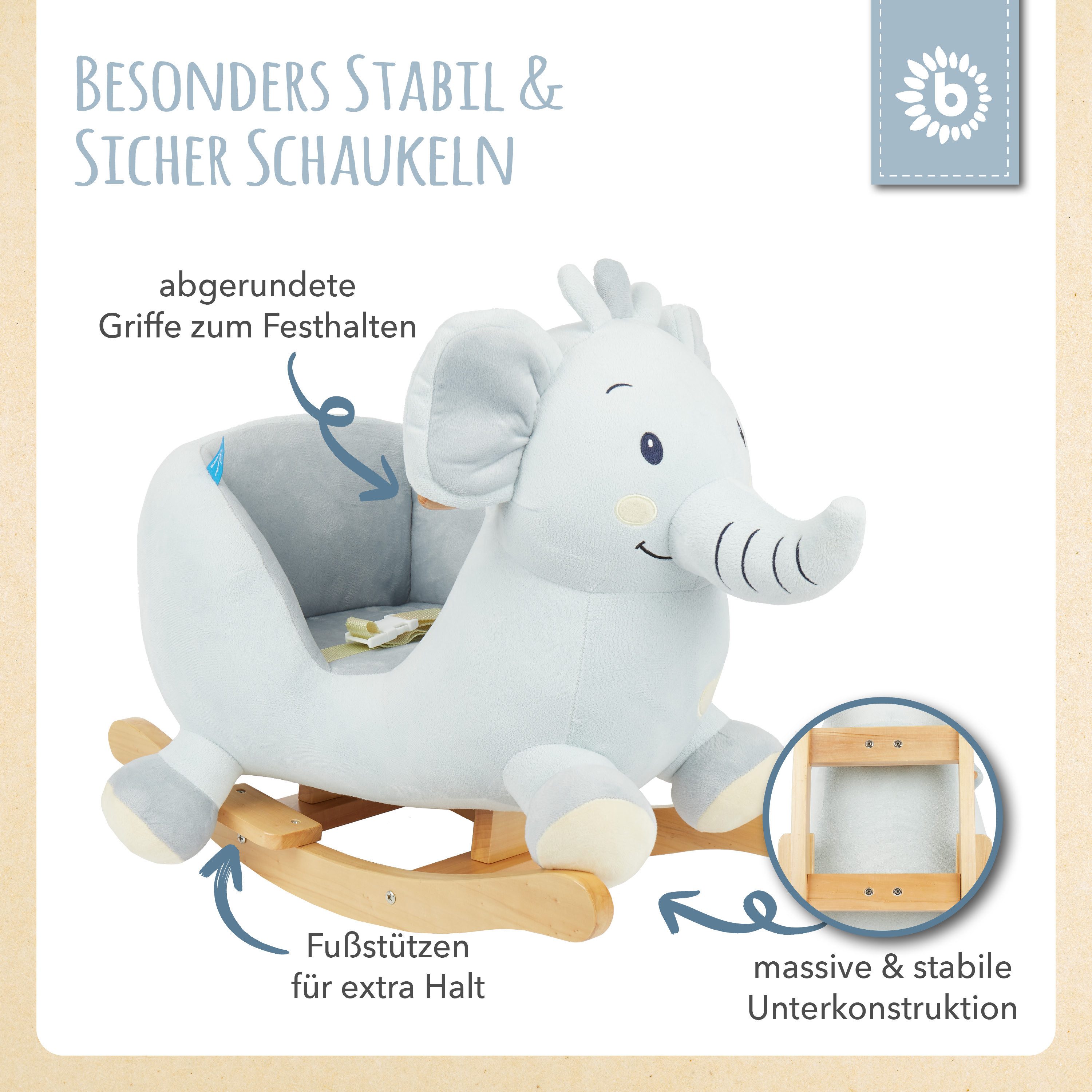 BIECO Schaukeltier Schaukelpferd Elefant aus Plüsch & Holz – Wippe ab 9 Monaten – Bild 4 von 5
