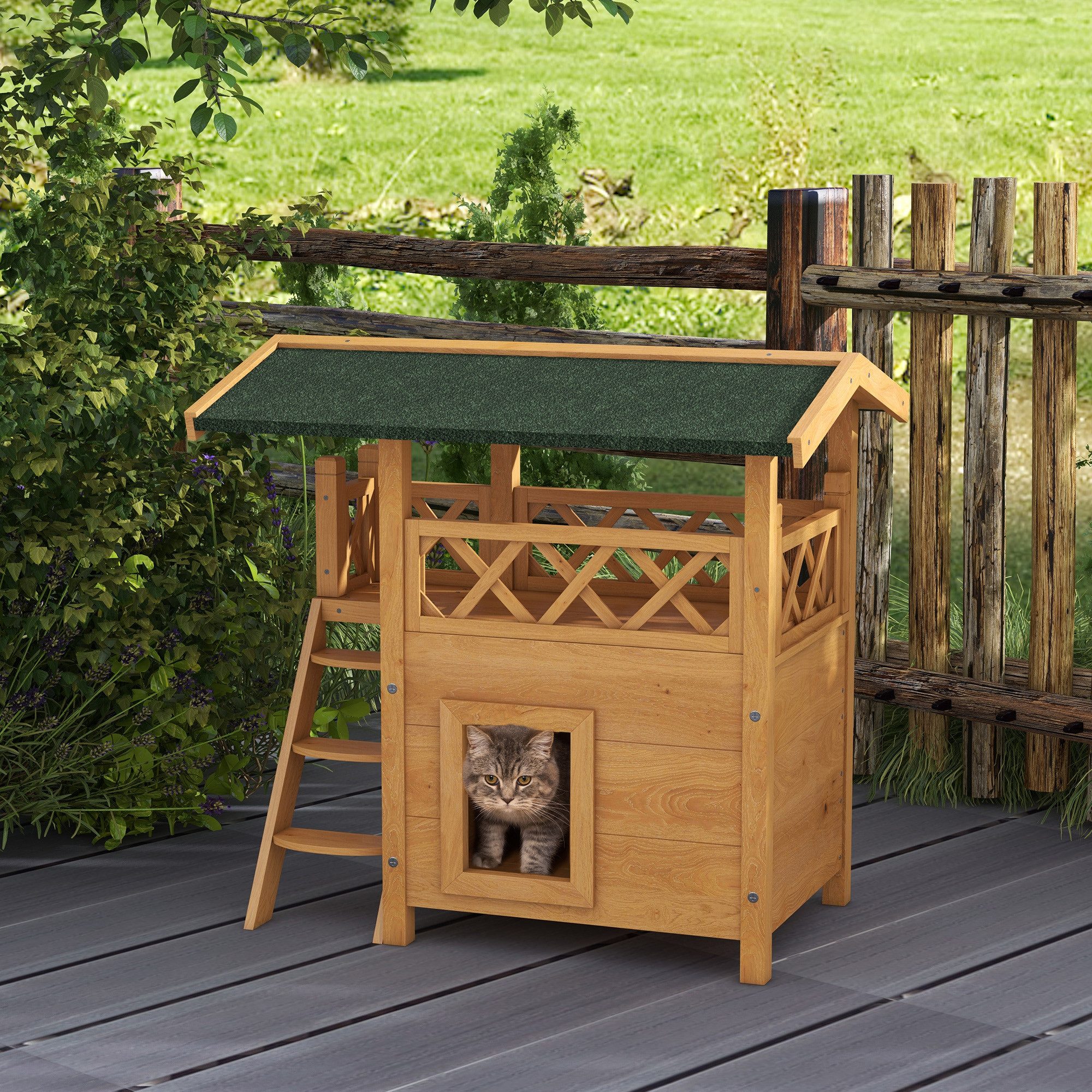 furnicato Katzenhaus Zweistöckiges L77 x B50 x H73 cm in Natur+Grün, Wetterfeste Katzenvilla mit Balkon, Treppe und schützendem Zaun