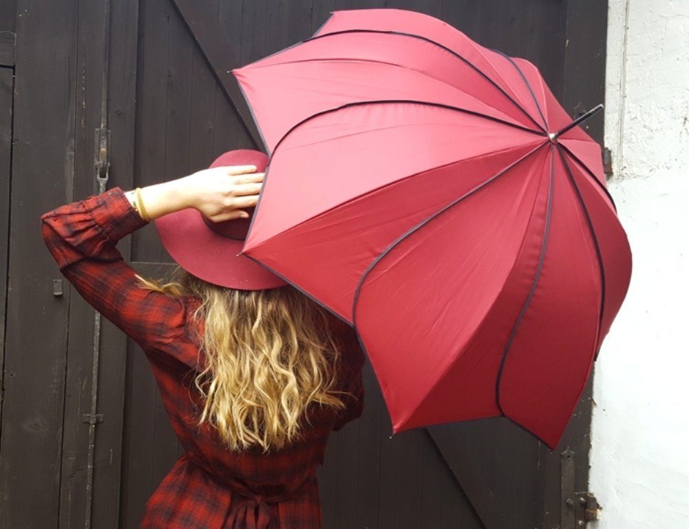 von Lilienfeld Stockregenschirm bordeaux schwarzer Ziernaht mit Sonnenschirm Minou, Hochzeitsschirm Regenschirm Blütenform