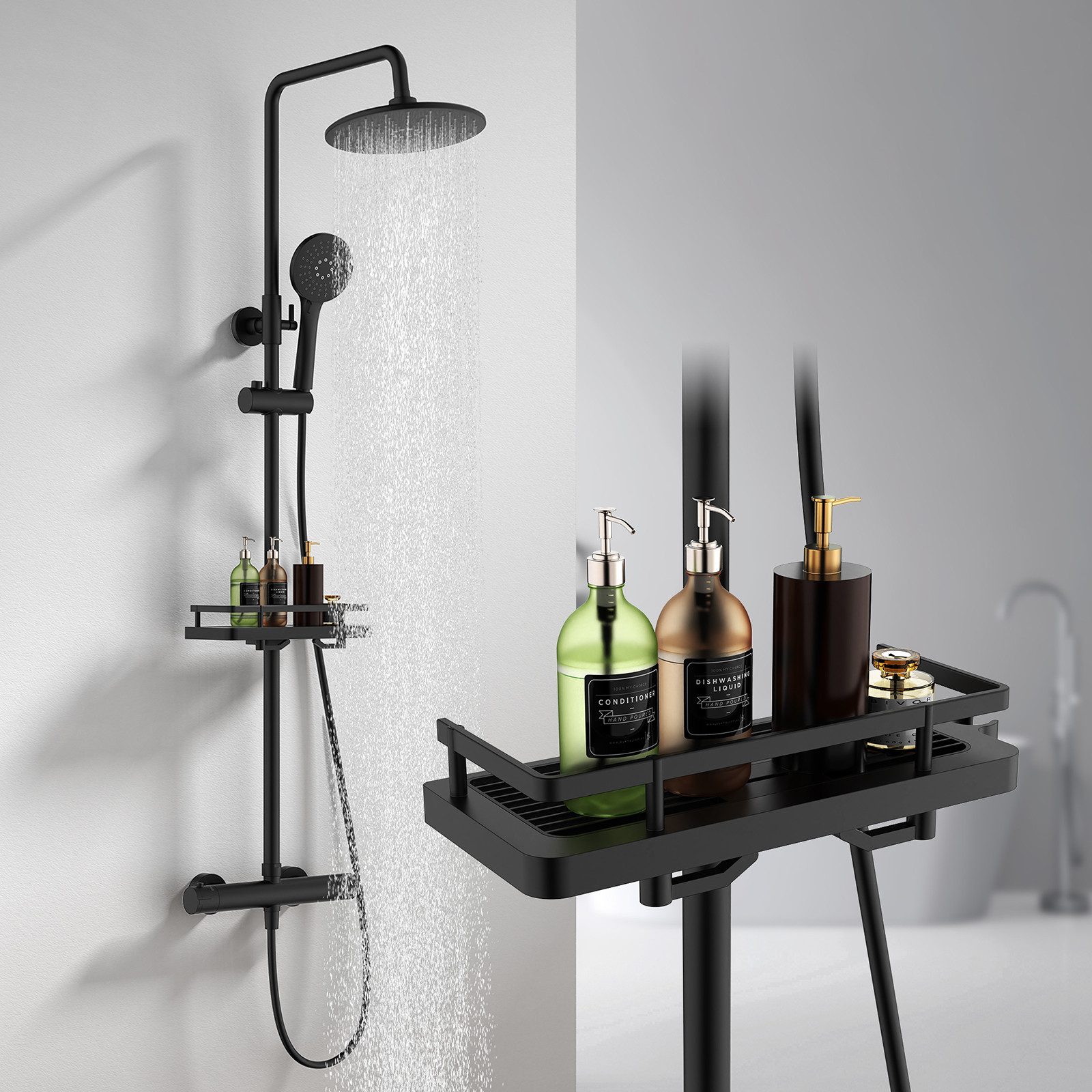 HOMELODY Duschsystem mit Thermostat und Duschablage - Duscharmatur Komplettset schwarz, 2 Strahlart(en), Set, Funktional und hochwertig – für ein rundum perfektes Duscherlebnis., mit runder Regendusche, 3-Strahl-Handbrause, 38 °C Sicherheitssperre