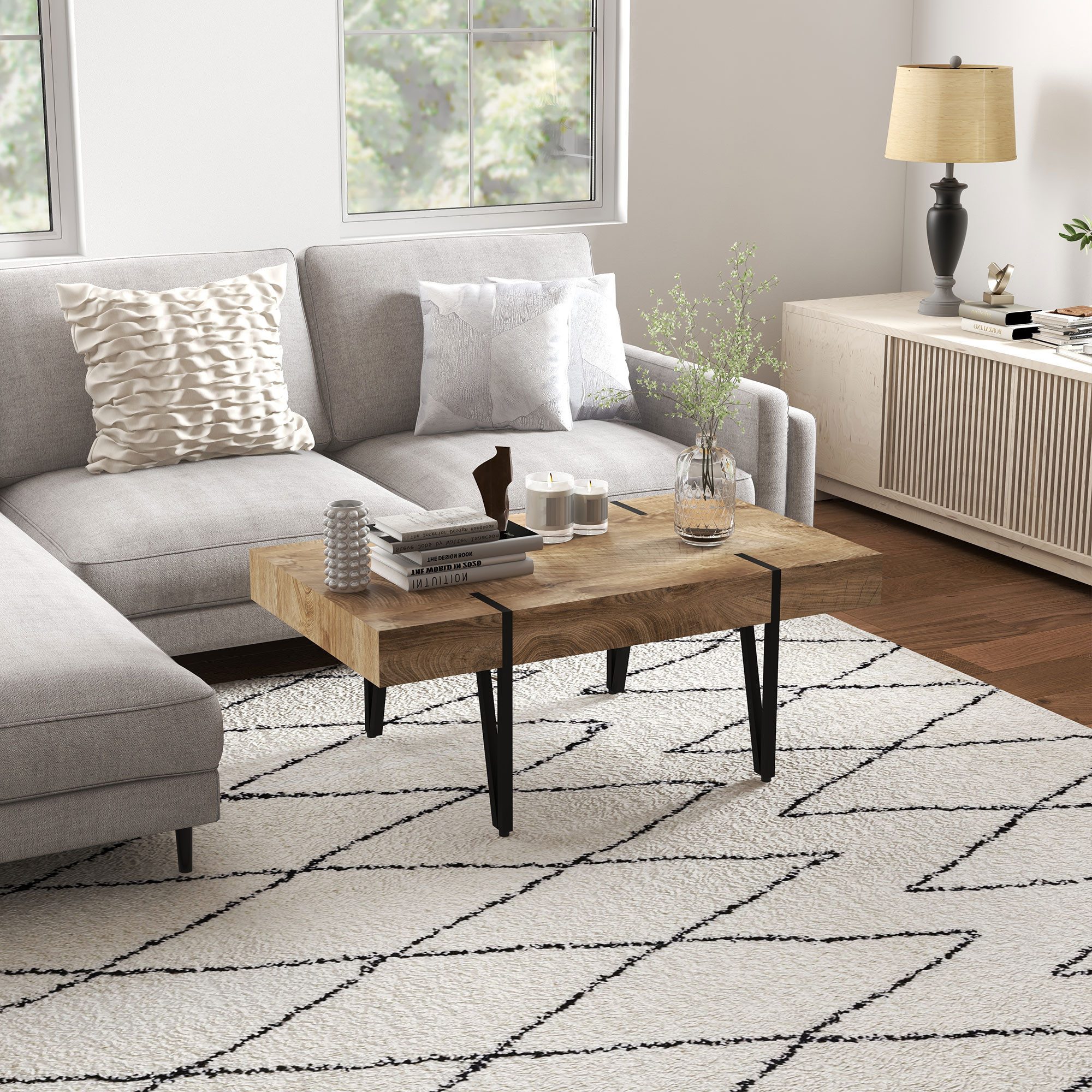 HOMCOM Couchtisch Sofatisch mit verstellbaren Fußstützen (Beistelltisch, 1-St., Kaffeetisch), Naturholz 105 x 60 x 42 cm