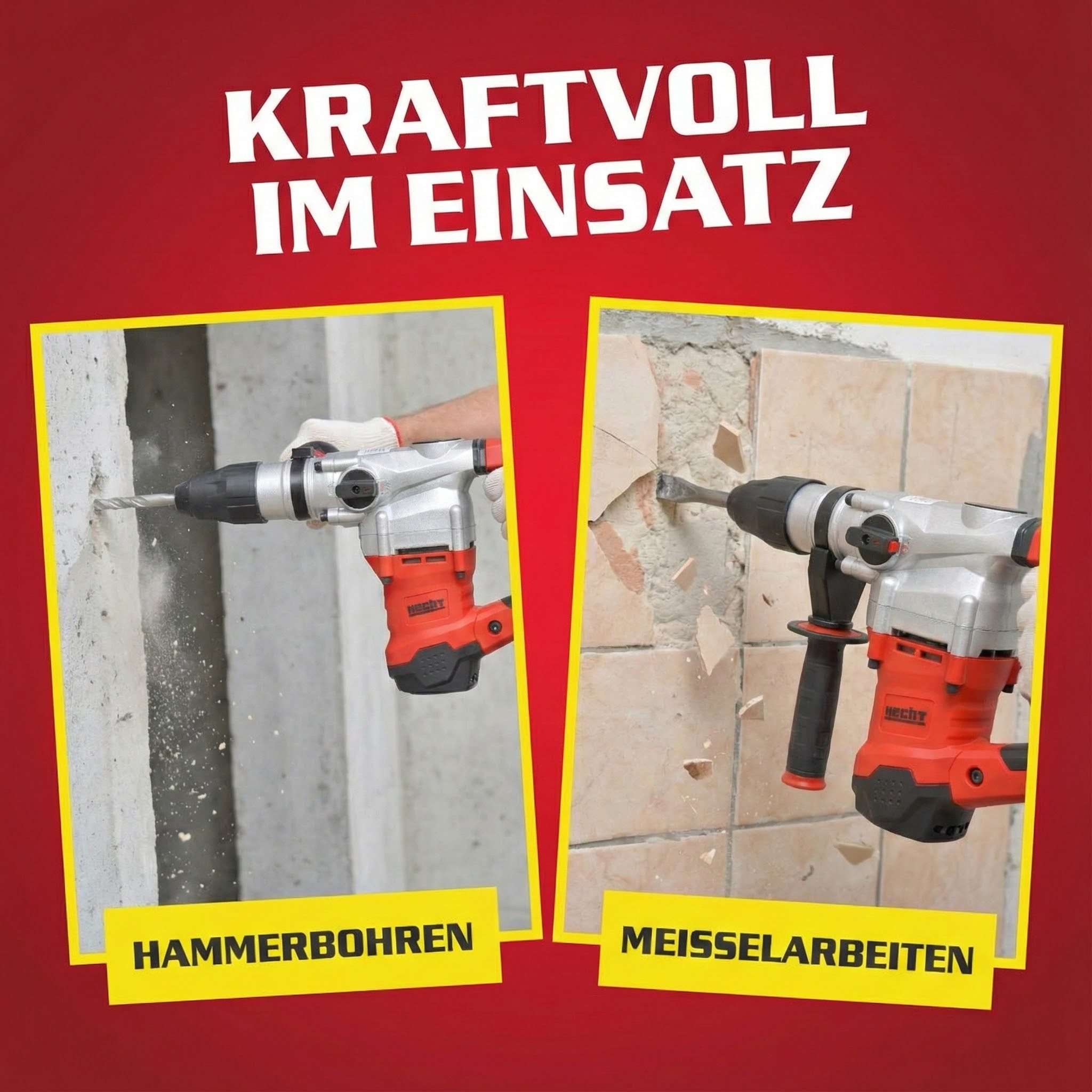 Hecht Bohrhammer mit Kabel SDS-Max 3530 U/min Transportkoffer 1600W, 230-240 V, max. 560 U/min, mit viel Zubehör