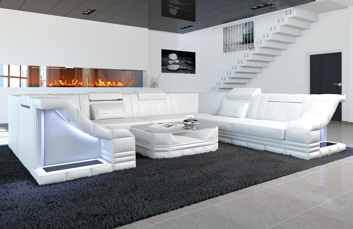Sofa Dreams Wohnlandschaft Ledersofa Bianchi U Form Mini, Designersofa, Sofa mit Beleuchtung