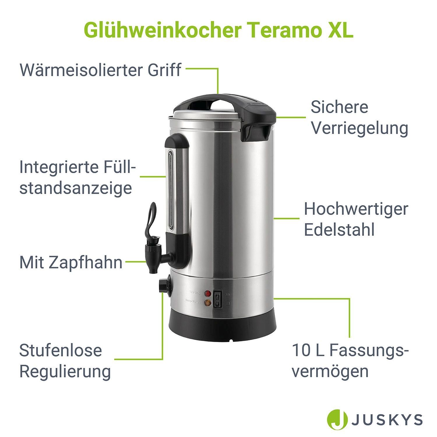 Juskys Heißgetränke- und Glühweinautomat Teramo, 1500 W, 10 Liter, Zapfhahn, Thermostat, Überhitzungsschutz, Füllstandsanzeige