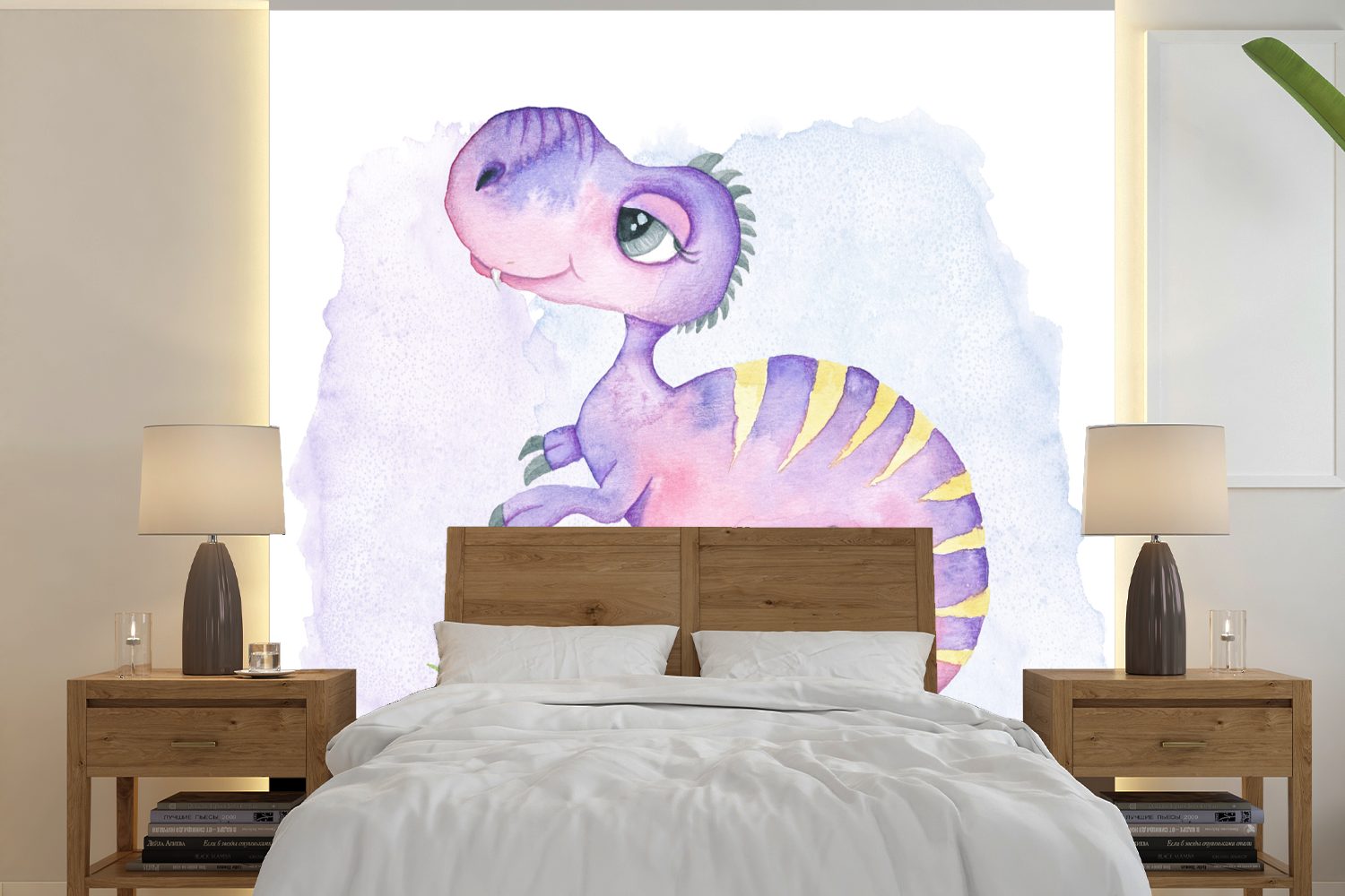 MuchoWow Fototapete Dinosaurier - Kinderzimmer - Aquarell - Mädchen - Kinder - Rosa, Matt, bedruckt, (5 St), Vinyl Tapete für Wohnzimmer oder Schlafzimmer, Wandtapete