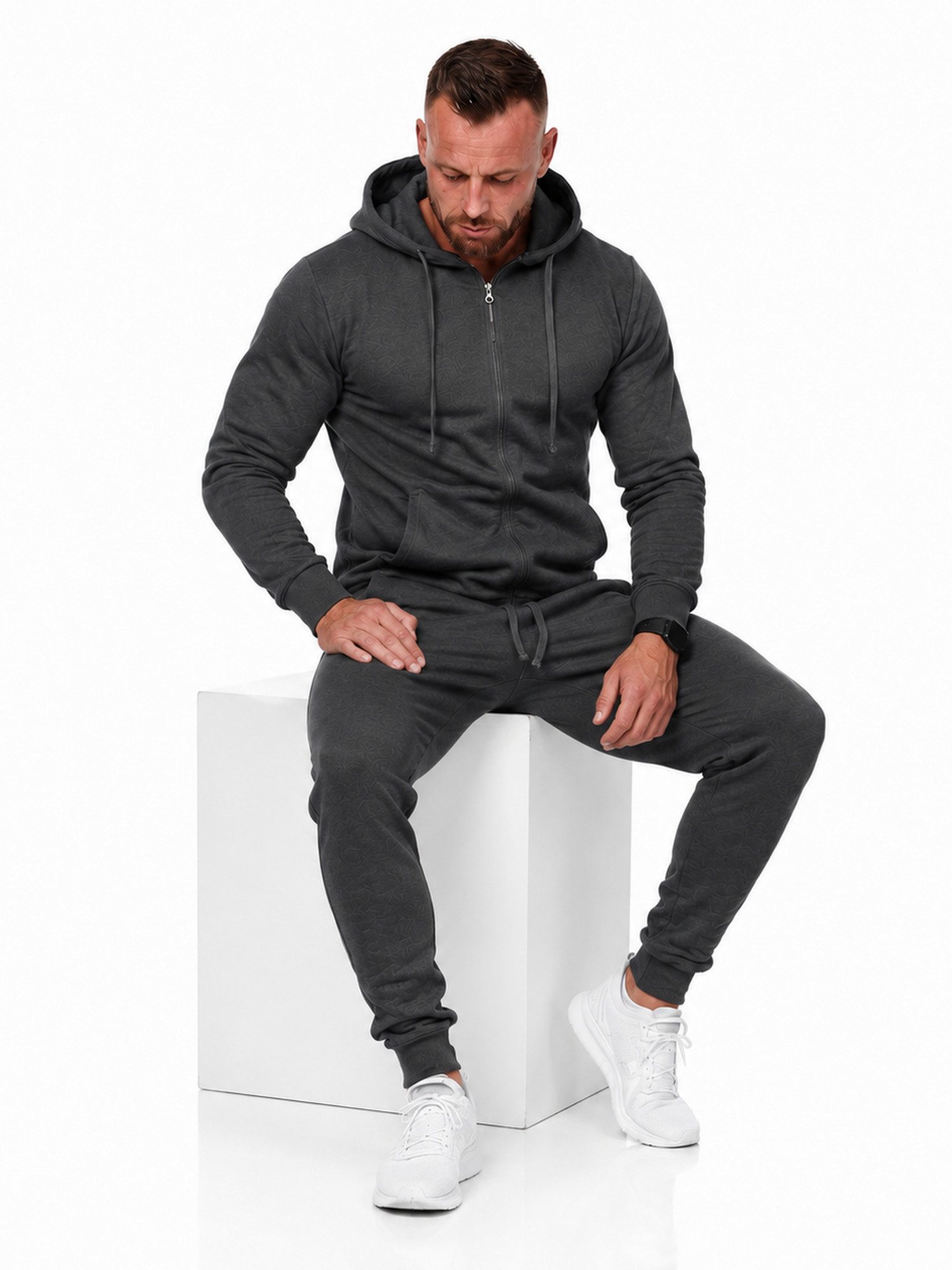 L.gonline Freizeitanzug Herren Jogginganzug einfarbig 100% BW 586 Anthrazit XXL (Kapuzenjacke mit Reißverschluss, Hose, 2-tlg), Fitness Freizeit Casual – Bild 4 von 5