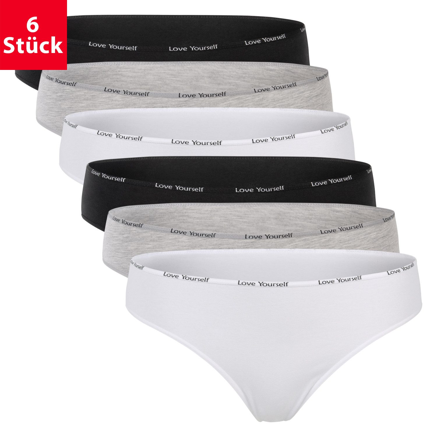 celodoro Tanga Damen Tanga (6er Pack) mit Ziergummi "Love Yourself"