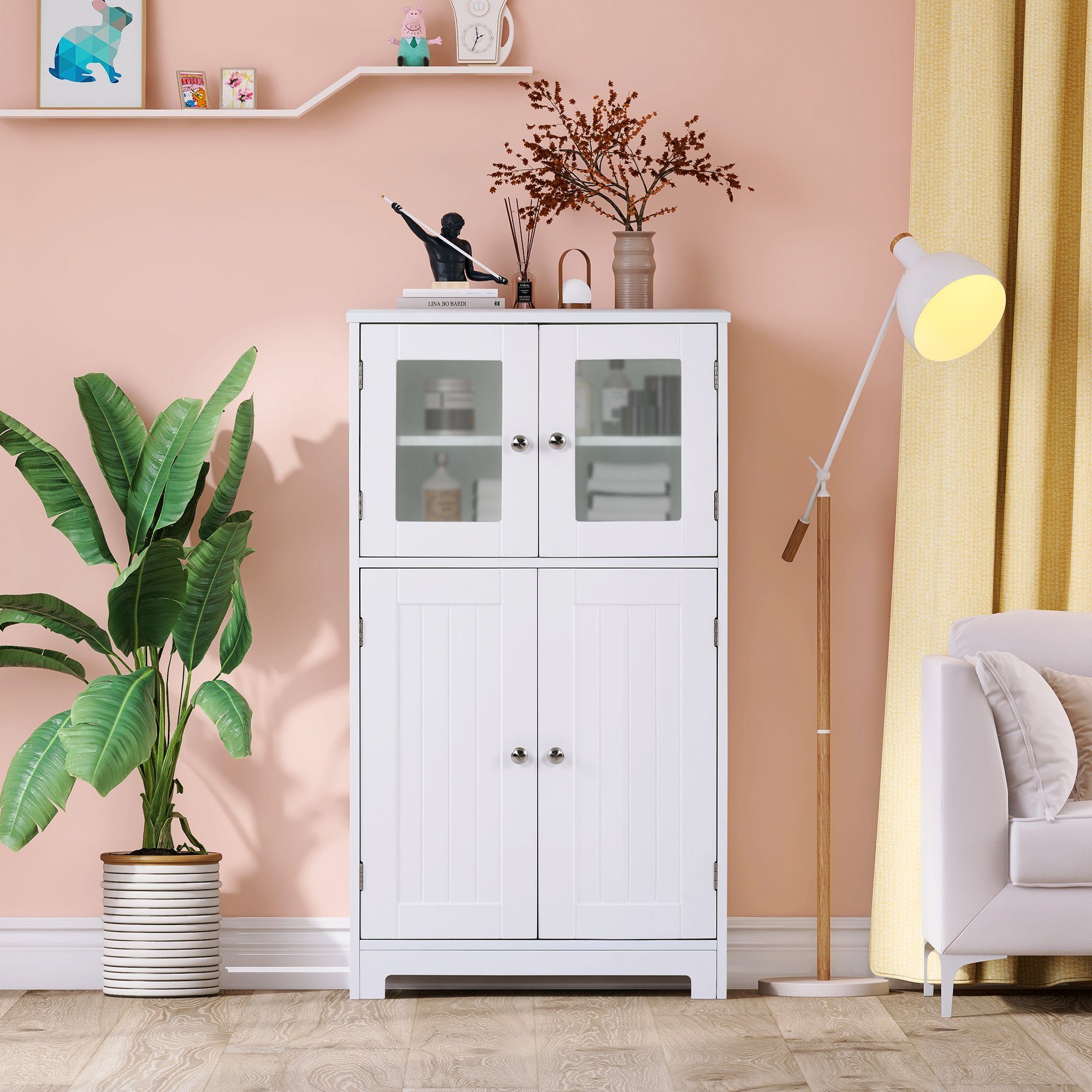 Merax Badkommode, Badezimmerschrank, mit 4 Türen und verstellbarem Zwischenfach, Midischrank, Beistellschrank