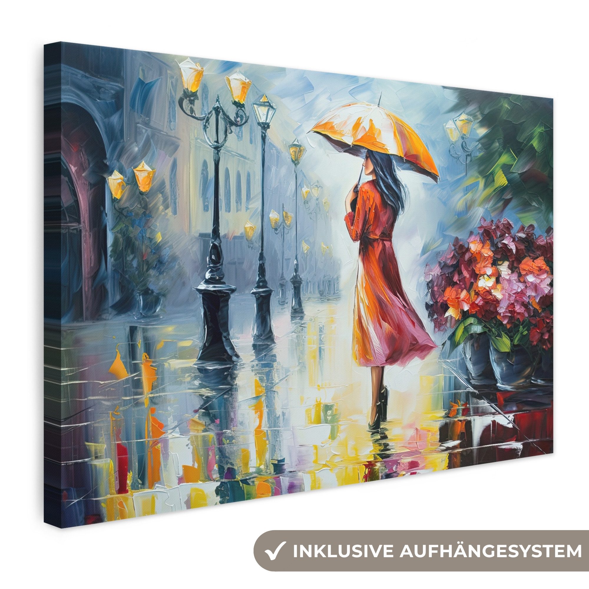 OneMillionCanvasses® Leinwandbild Ölfarbenoptik - Regenschirm - Frau - Straße - Kunst, Fotodruck (1 St), Leinwand Bilder Klein, Wand Dekoration Aesthetic 30x20 cm