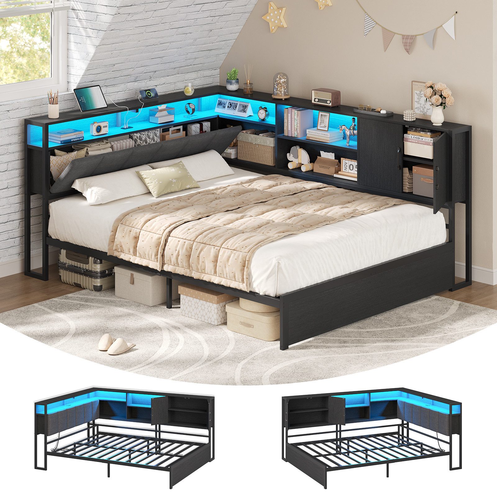 KIMENICH Polsterbett Jugendbett, Schlafsofa mit LED-Beleuchtung und USB-Ladestation (1-tlg., Ohne Matratze), Kopfteil mit Stauraum, offenen Regalen und Schrank, 140x200cm