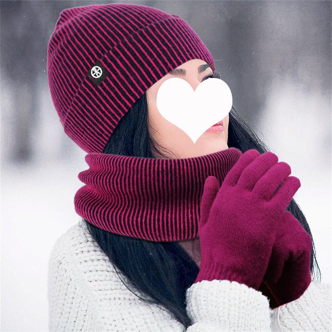 DÖRÖY Strickmütze Warmes Unisex-Winterset, wattierte Lila + Schal 3tlg. Handschuhe + Mütze