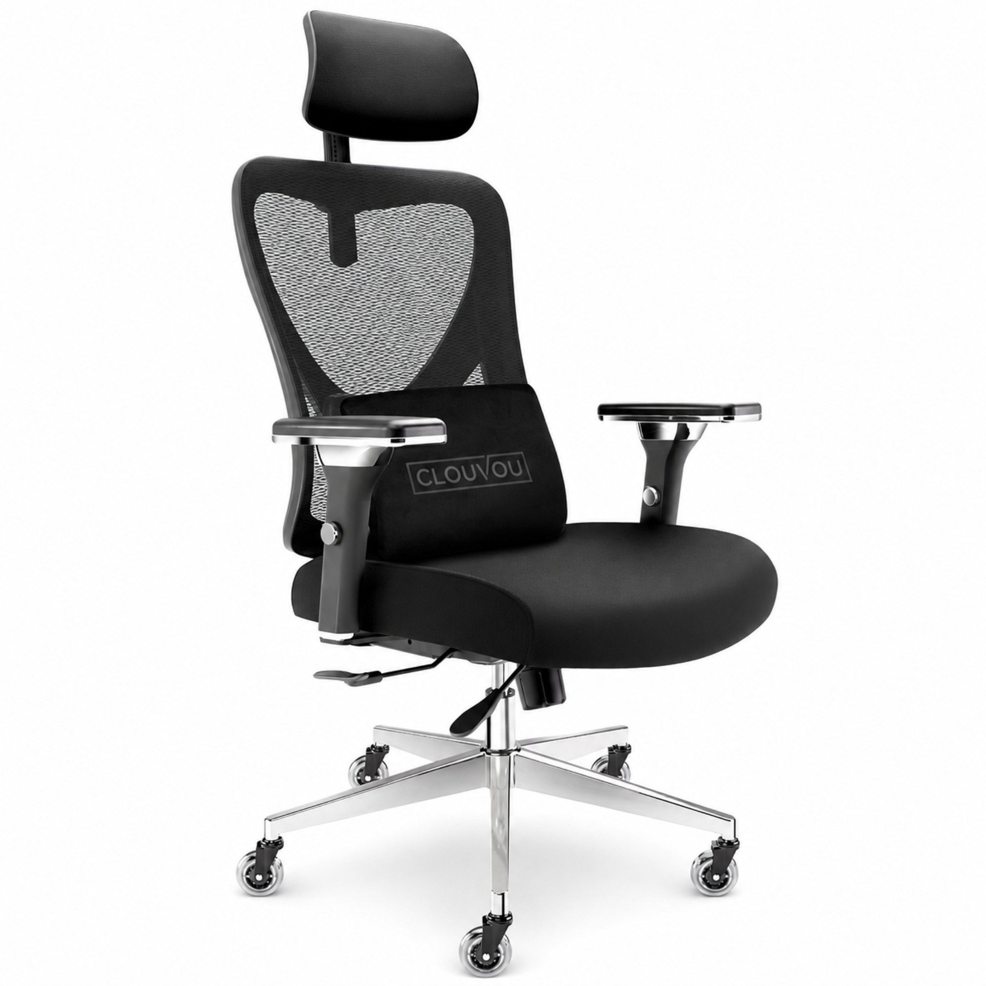 CLOUVOU Bürostuhl Ergonomisch, Schreibtischstuhl bis 150 kg - Testsieger (CleverSeat - Chefsessel für Arbeitszimmer, 4D Chrom-Metallarmlehne), Blade Wheels, Homeoffice, Gaming Stuhl, Drehstuhl