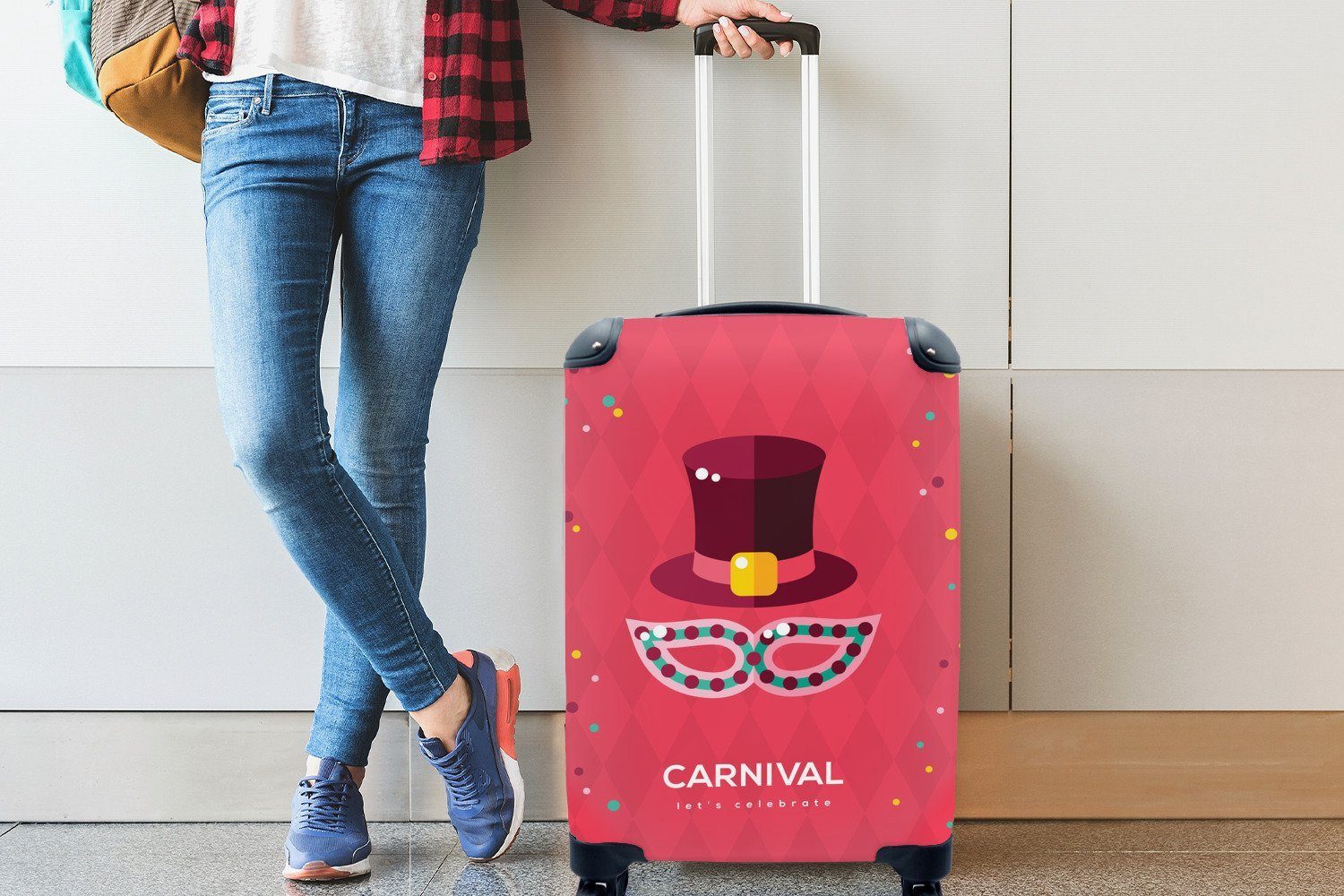 Reisekoffer auf Hintergrund, rollen, für "Karneval" rotem mit MuchoWow Trolley, Ferien, 4 Handgepäck Rollen, Reisetasche Handgepäckkoffer