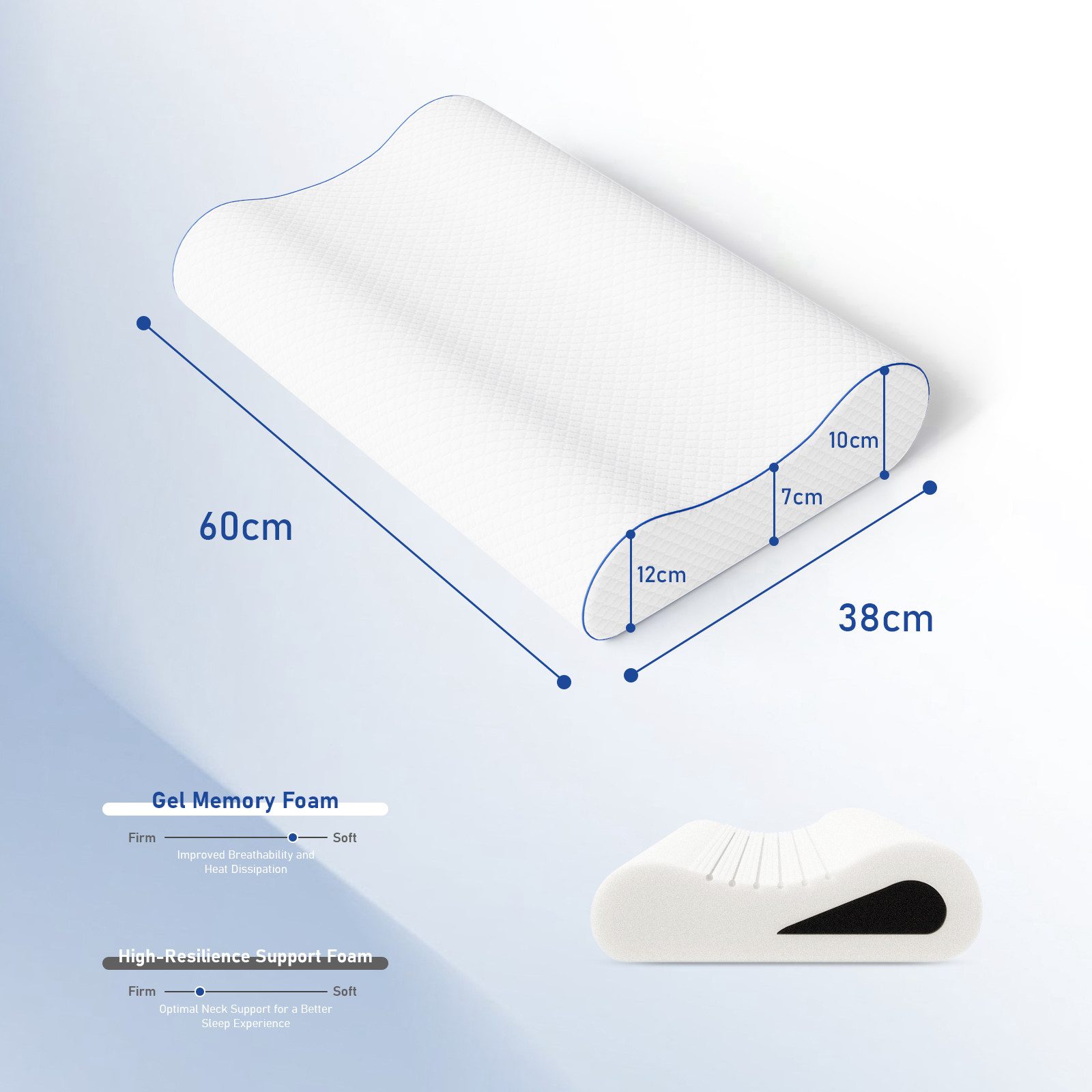 ROYGBIV Nackenstützkissen Memory Foam, Orthopädisches Kissen 38x60 cm mit 2 Höhen, Füllung: 38D Memory-Schaum + 60D Stützschaum, 3 Zone Höhe-10/7/12 cm, OEKO-TE – Bild 2 von 5