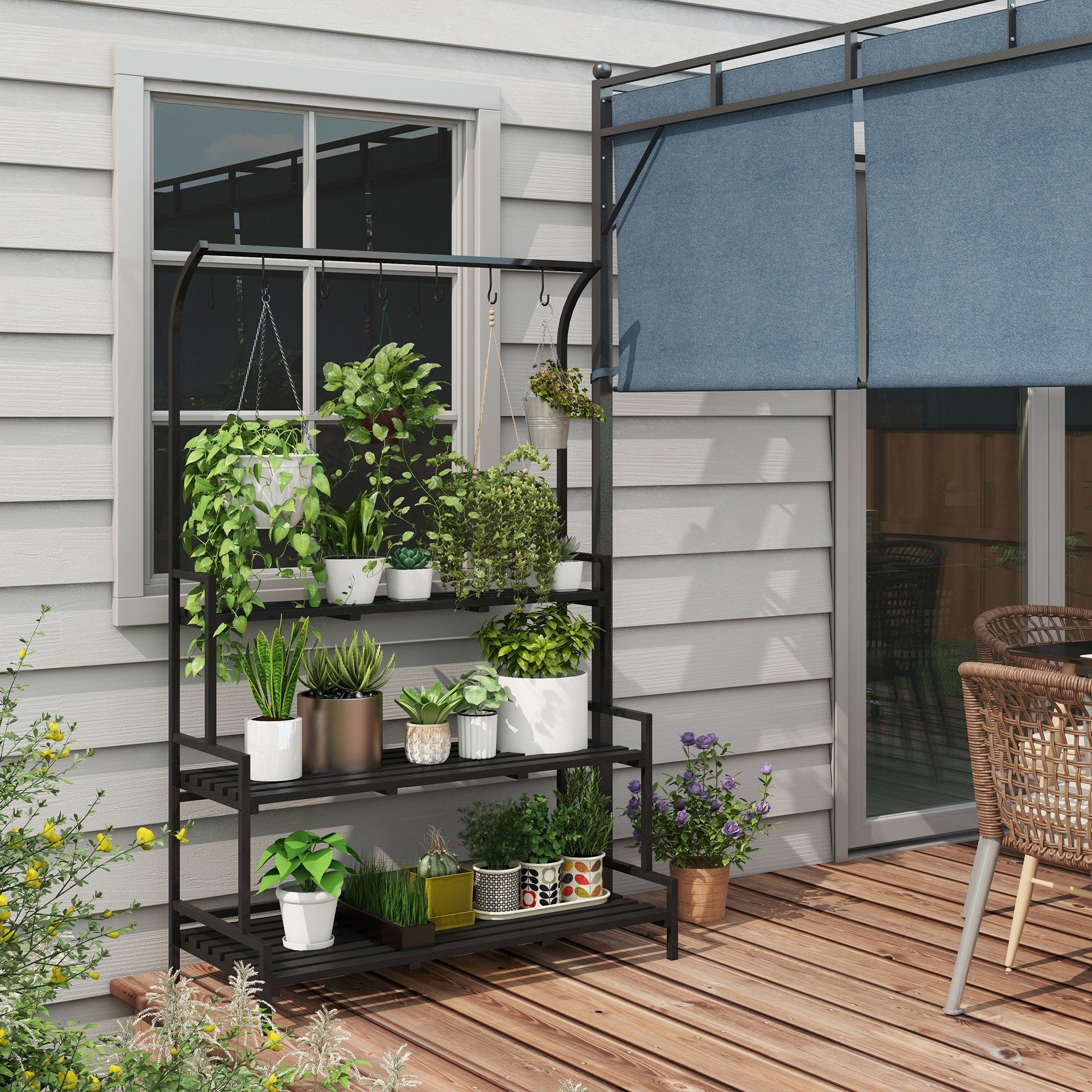 Outsunny Pflanzentreppe Pflanzenständer Blumenständer mit 3 Ebenen, 6 Haken günstig online kaufen