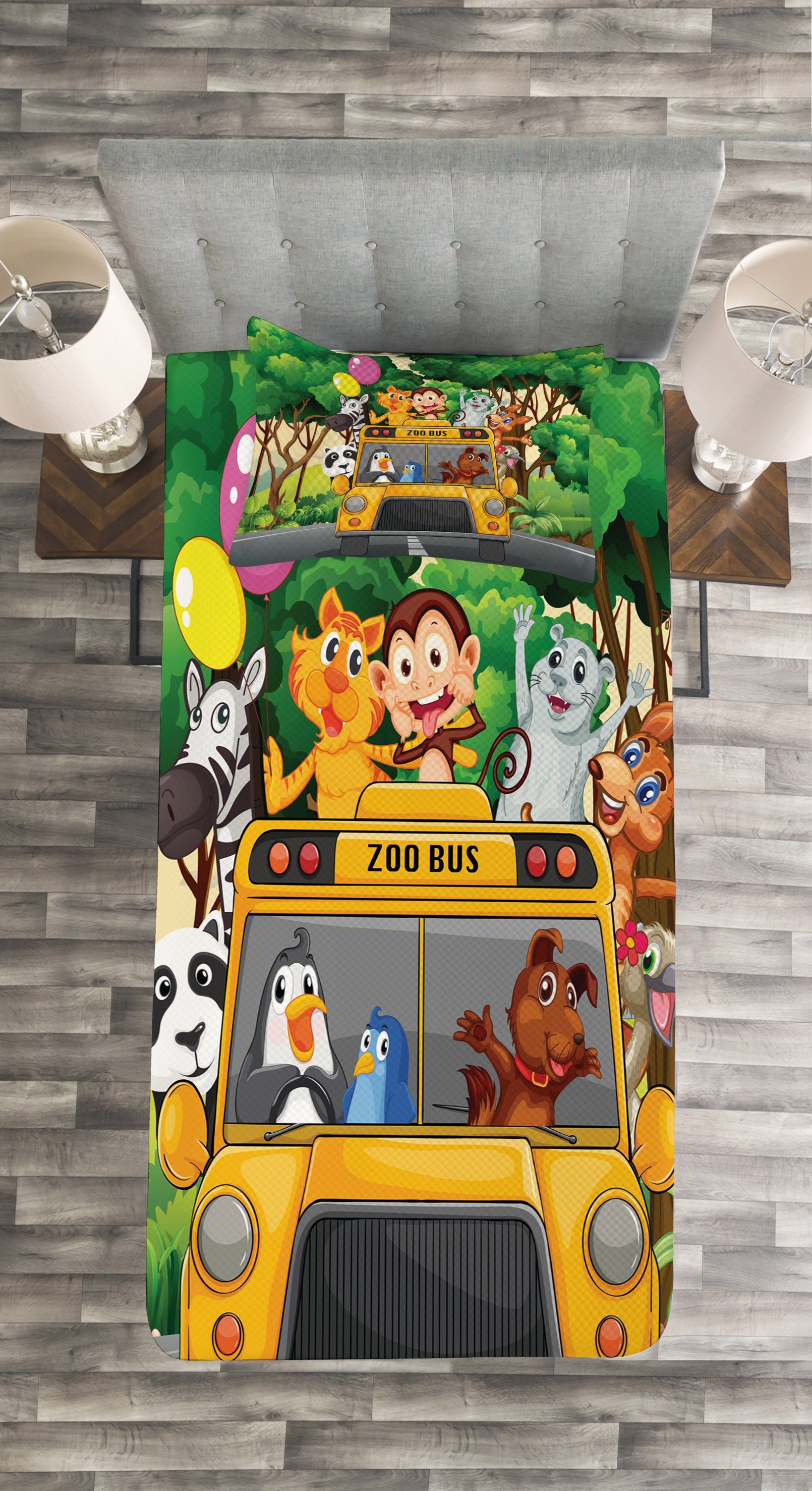 Tagesdecke Set Tiere Bus Zoo Balloons Waschbar, Reisen Kissenbezügen Abakuhaus, mit