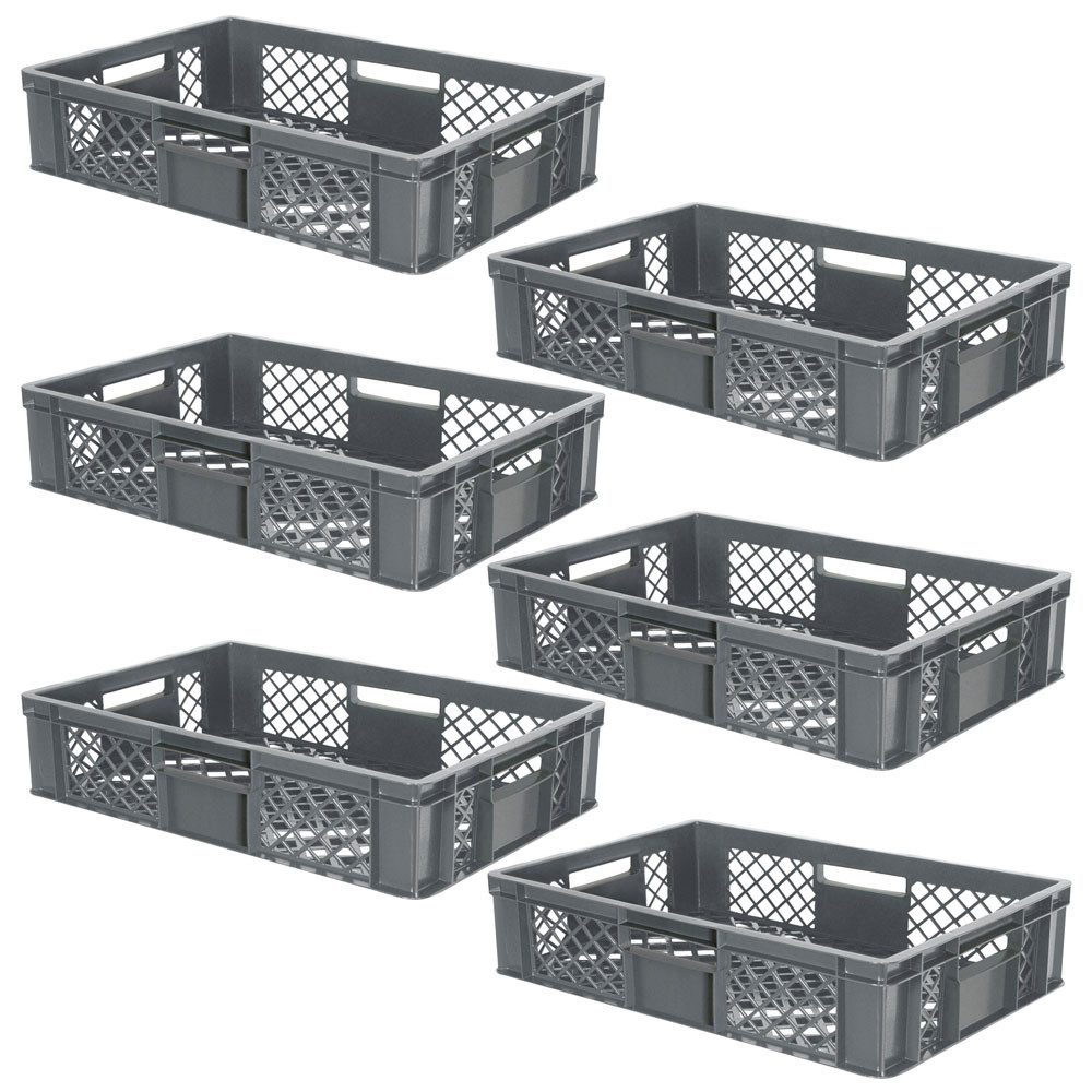 BRB-Lagertechnik Stapelbox 6x Eurobehälter/Bäckerkiste durchbrochen, LxBxH 600x400x150 mm, Stoßfest, robust und formstabil