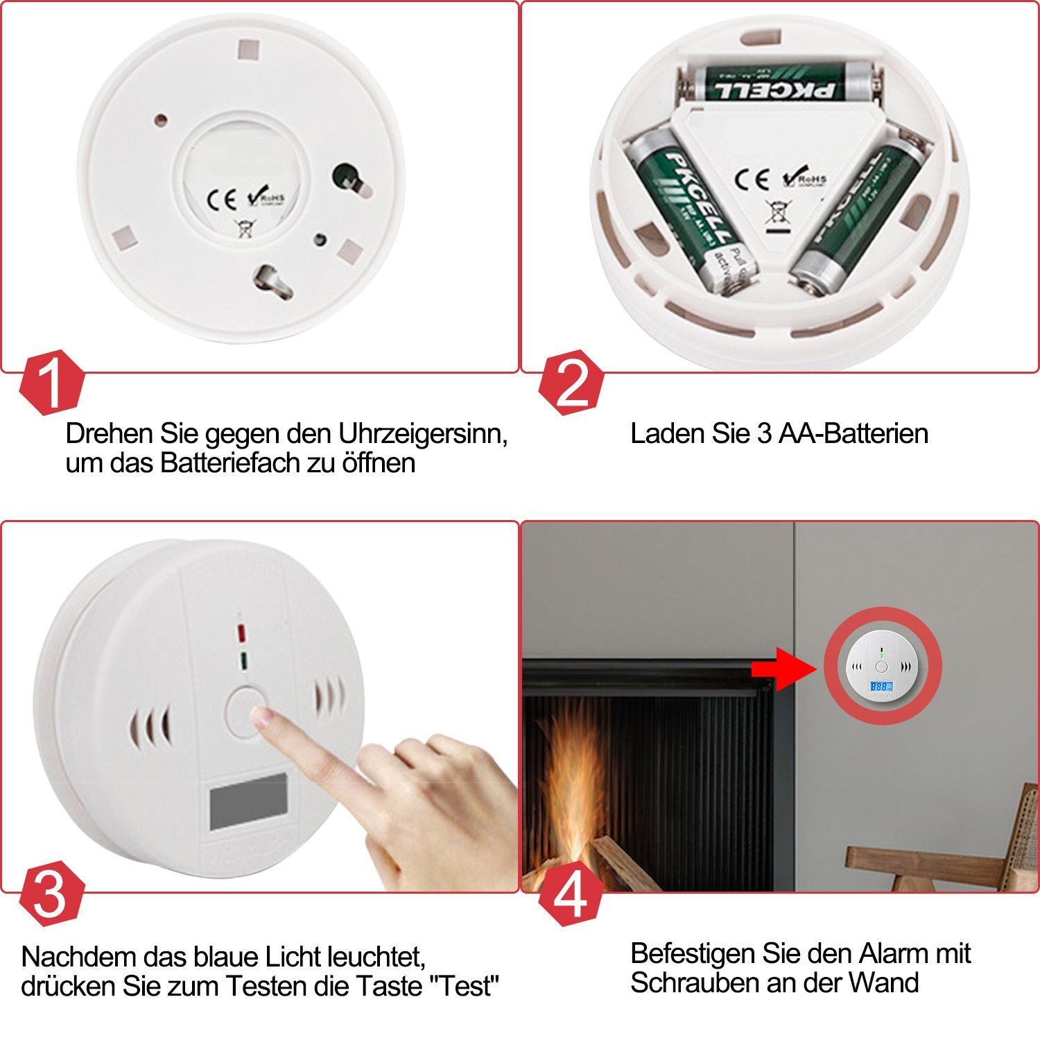 installation) Brandmelder Melder Esszimmer Flur Gimisgu LED LCD Detektor Gassensor, CO Melder Wohnzimmer Anzeige (Gas Rauchmelder Alarm einfache Kohlenmonoxidmelder Feueralarm