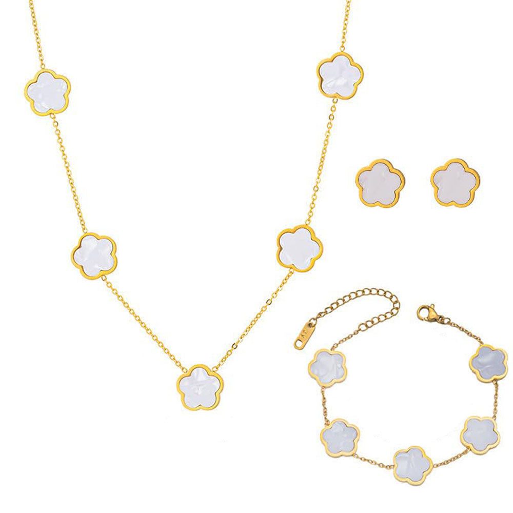MOPUEA Schmuckset Kleeblatt Schmuck-Set Armband Halskette & Ohrringe mit Geschenkbox (für Hochzeit Geburtstag Jahrestag, 3-tlg), Edelstahl Halskette Ohrstecker Armband mit Zweiseitig Anhänger
