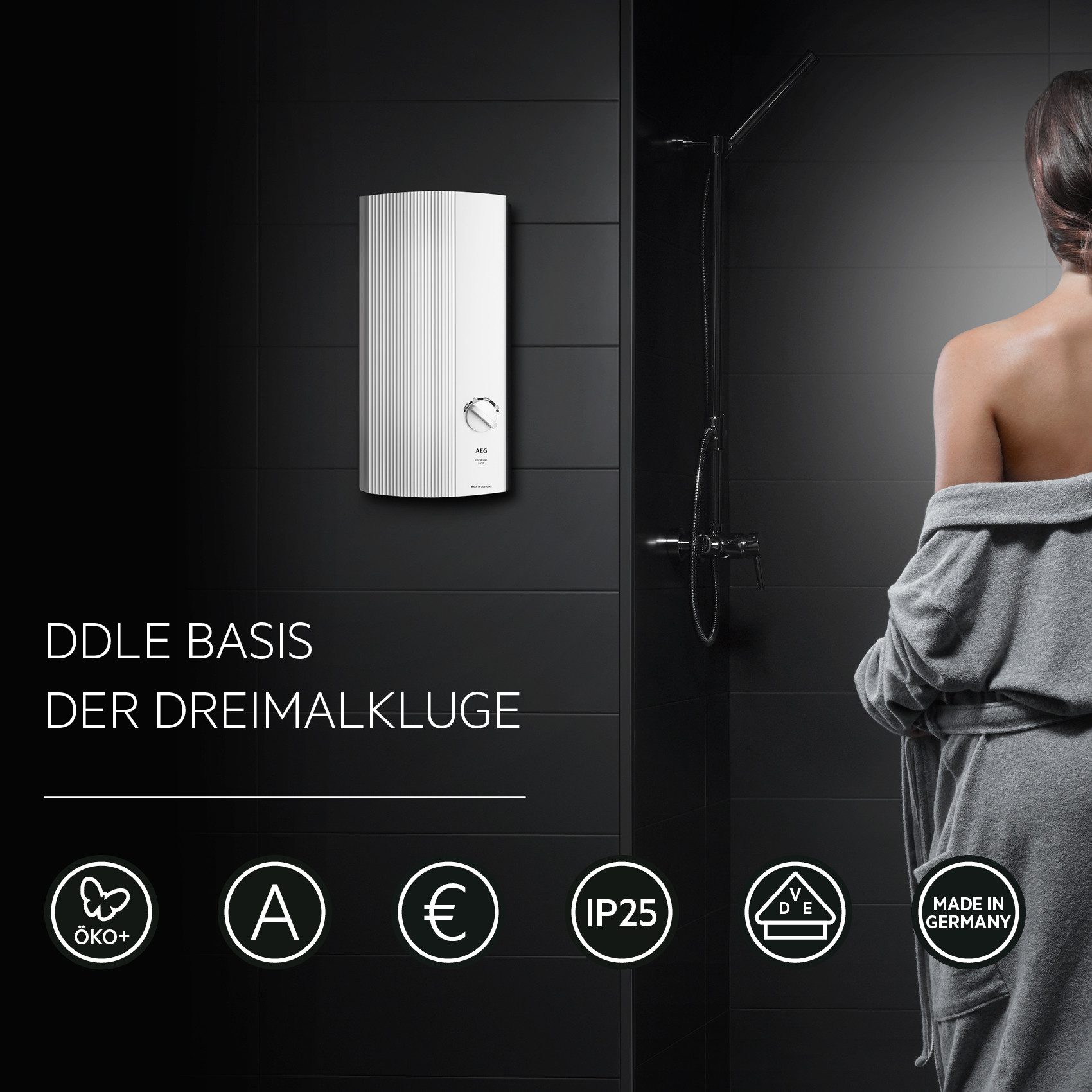 AEG Haustechnik Komfort-Durchlauferhitzer DDLE Basis, elektronisch, min. 35 °C, 27 kW, stufenlose Temperaturwahl durch 4 Anwendungssymbole