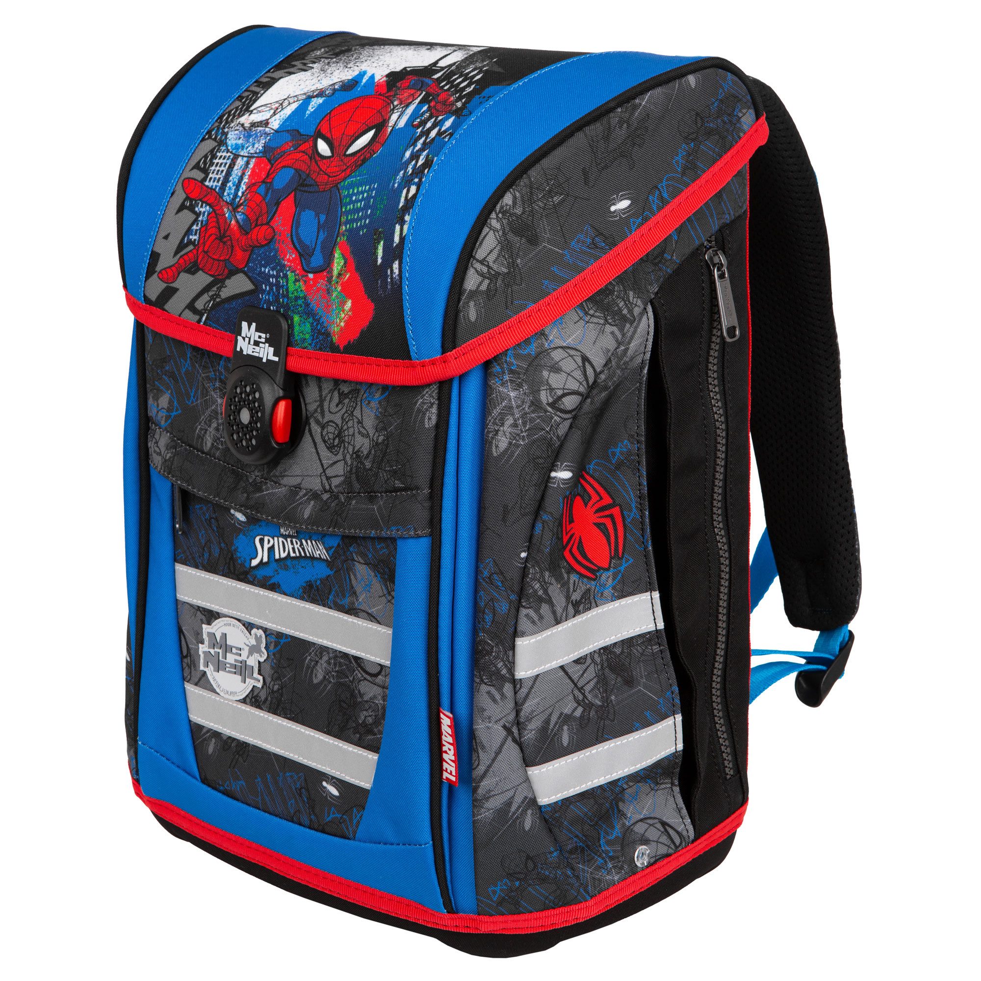McNeill Schulranzen TENERIS Spider-Man 4-teilig mit Etui, Schlampermäppchen & Sportbeutel (Spar-Set, mit Sportbeutel, mit Schlamperrolle, mit Federtasche, mit Schlampermappe), Air-Flow Rückensystem, Leichtgewicht ca. 980 g, 4-teiliges Set