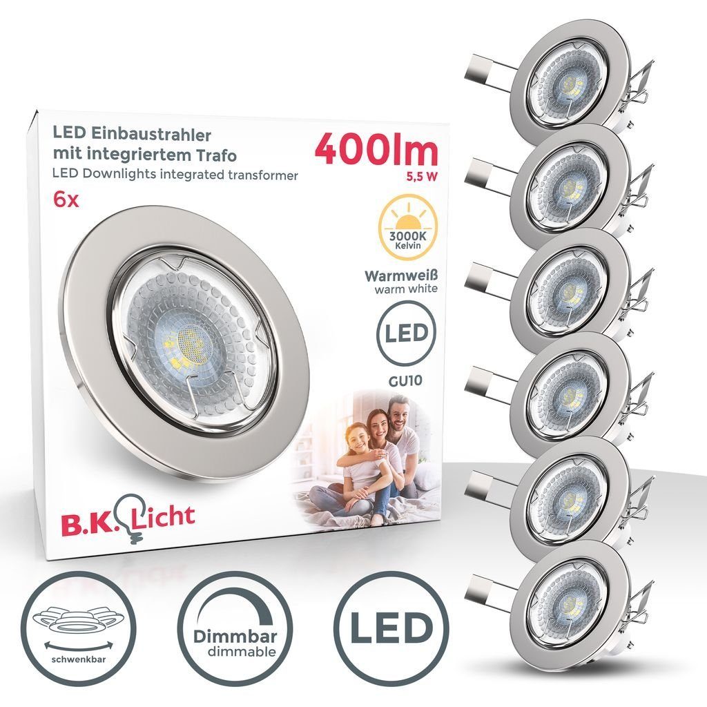 B.K.Licht LED Einbaustrahler 6er SET Einbauleuchten 86mm flach dimmbar Einbaumaß 68mm - 10-04-06-S, Dimmfunktion, LED wechselbar, Warmweiß, 3000K Einbauspots schwenkbar 5,5W 400lm GU10 Leuchtmittel matt-Nickel