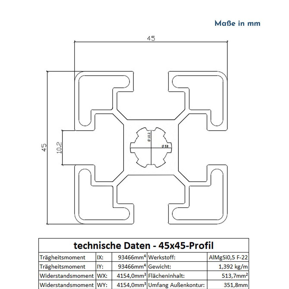KLAK Profil KLAK 45 - 6x Aluprofil 45x45mm System-, Montageprofil Typ-I Nut 10 (Set)
