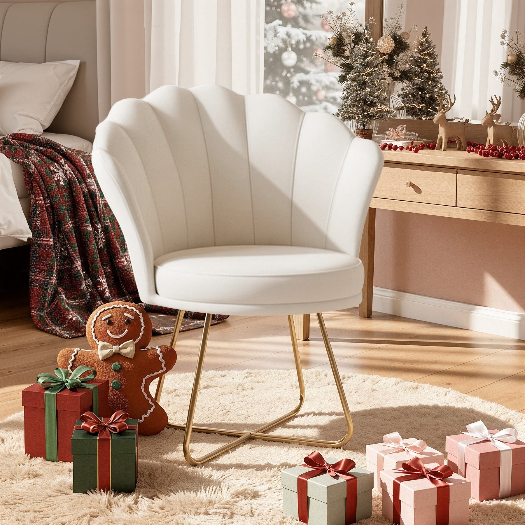 HawthyHome Polsterstuhl Polstersessel mit Blütenblatt-Rückenlehne & Goldene Metallbeine (1 St), ideal für Esszimmer & Schminktisch