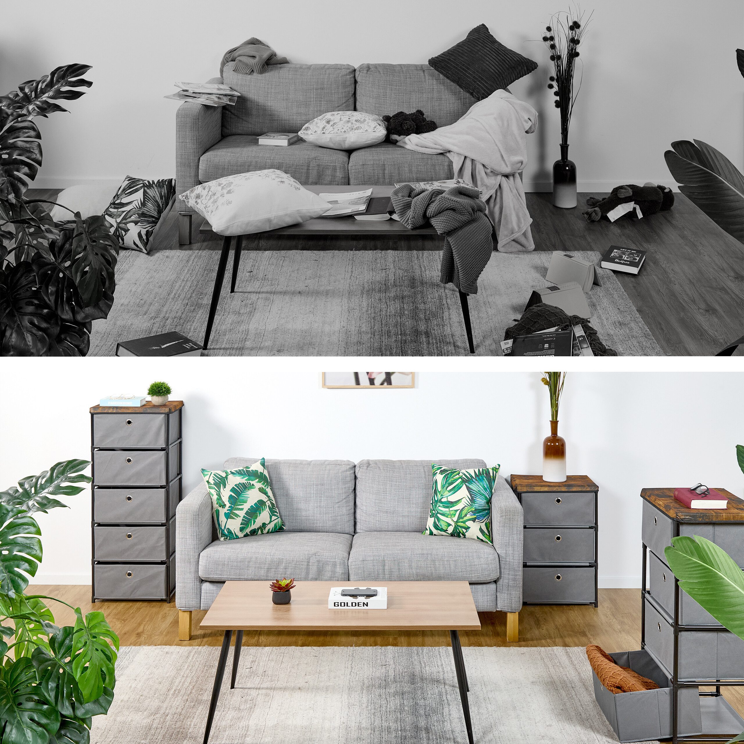 relaxdays Kommode Holzoptik mit Stoffschublade, grau