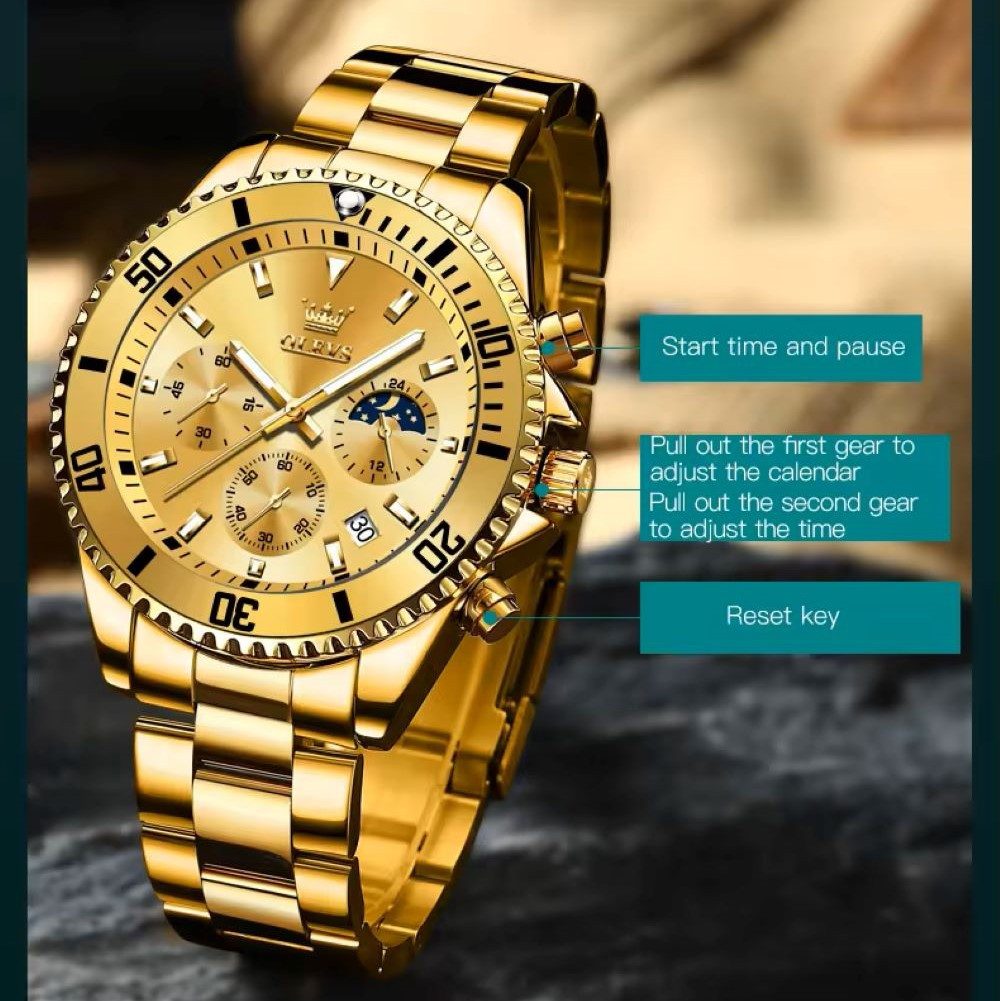 OLEVS Quarzuhr Herren Uhr Olevs Chronograph Quarz Goldfarben Geschenkbox Luxus