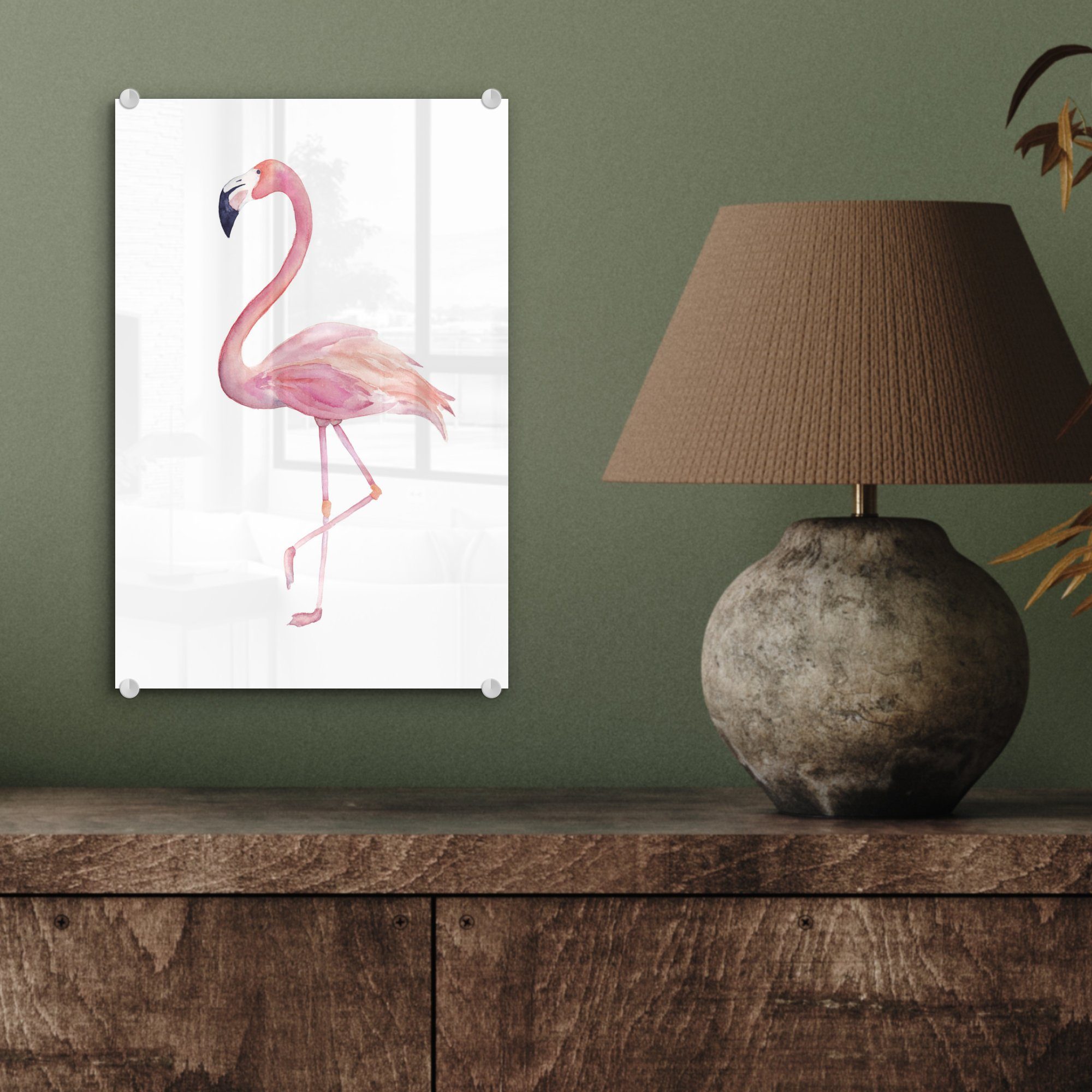 - (1 Foto Glas bunt - Rosa, Glasbilder Glas MuchoWow Acrylglasbild - Wandbild - Flamingo Wanddekoration Aquarell - St), auf Bilder auf