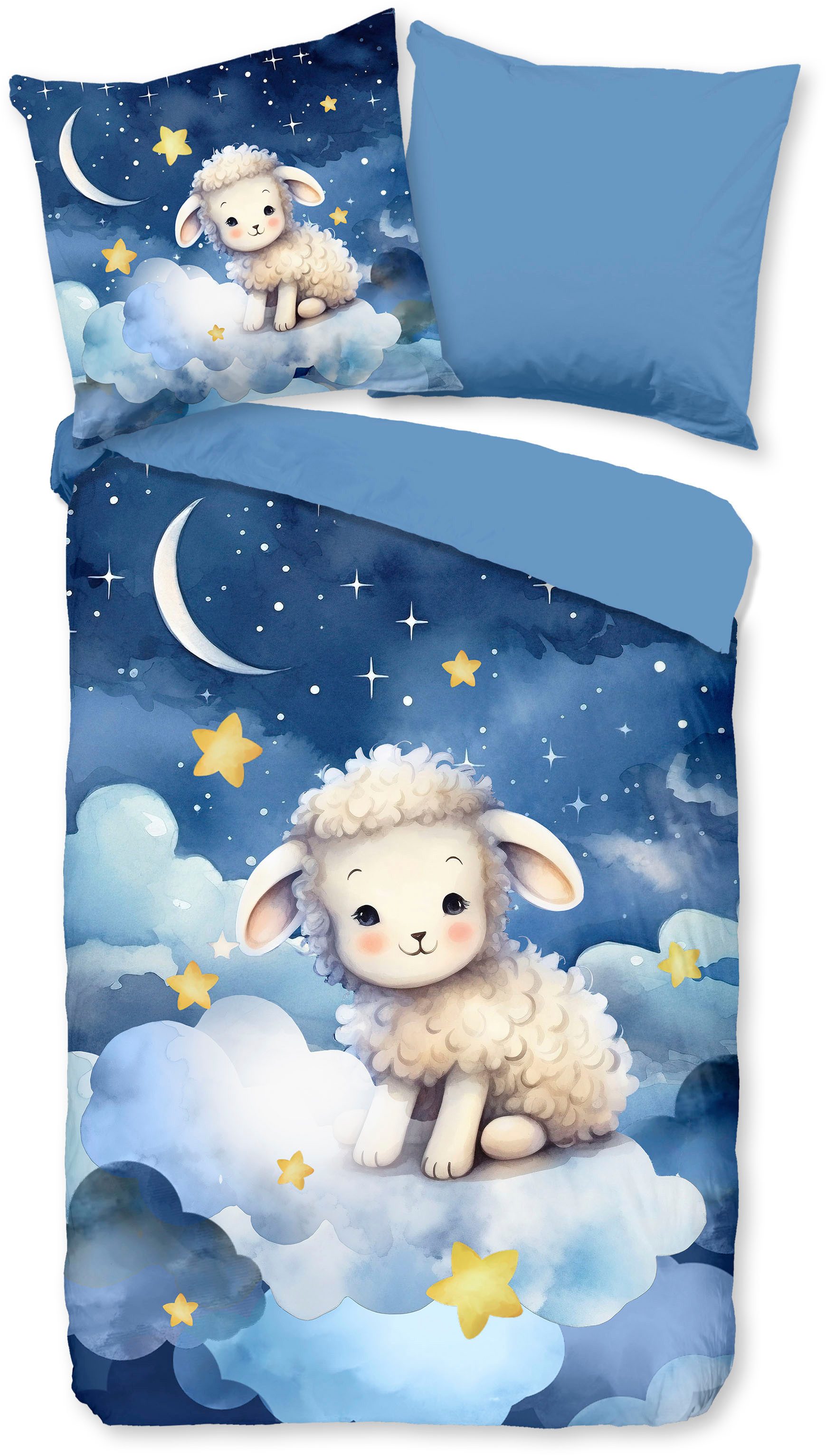 PURE luxury collection Kinderbettwäsche Sheepy, Microfaser, 2 teilig, Mikrofaser, 135x200, 2 Teilig, Wendeoptik, Kind, Schaf, Weltall
