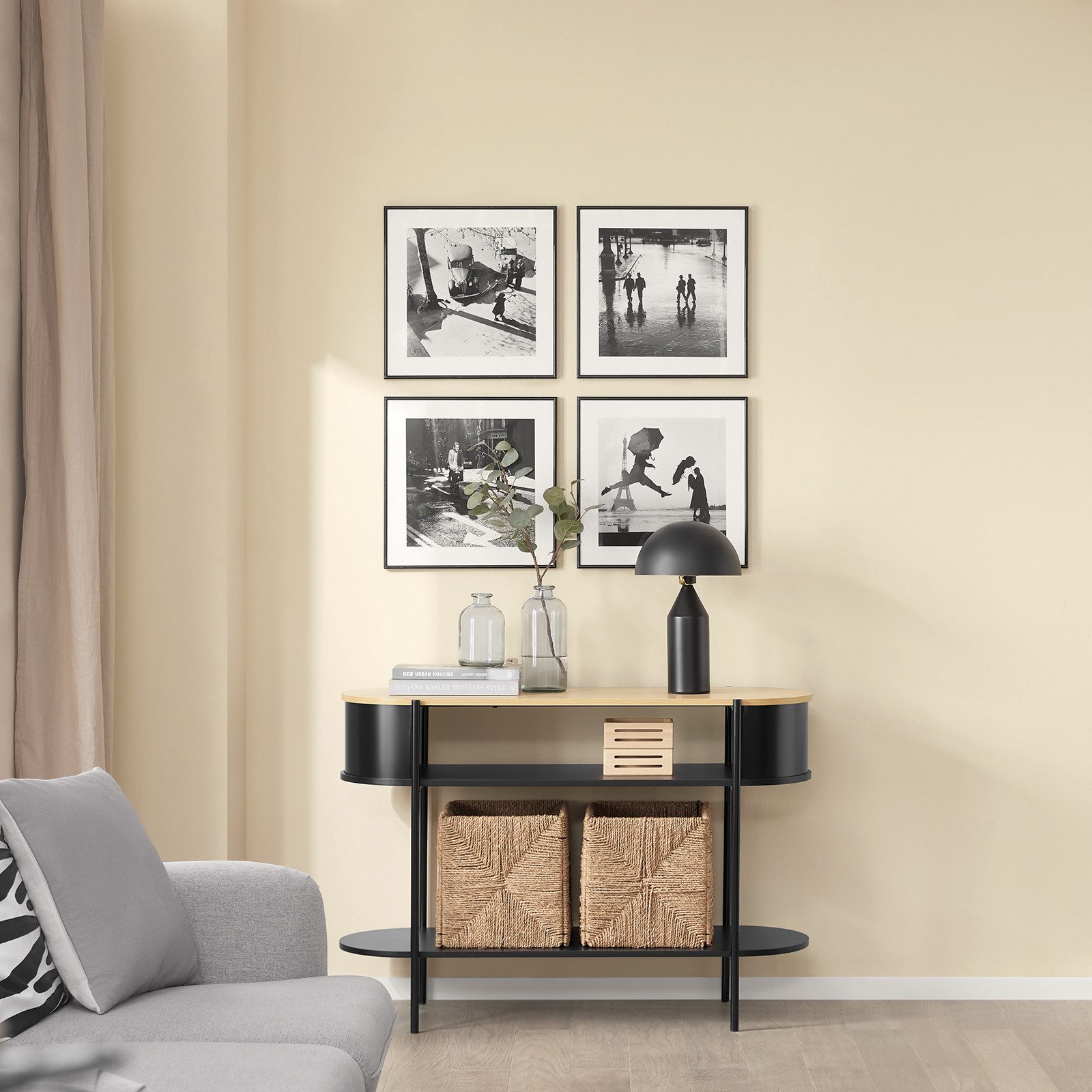 SoBuy Konsolentisch FSB90, Flurtisch schmal, Sofatisch, Metall mit 3 Ablagen, Konsole Holz, Konsolentisch Modern, für Flur, Wohnzimmer, Esszimmer, Großer Stauraum