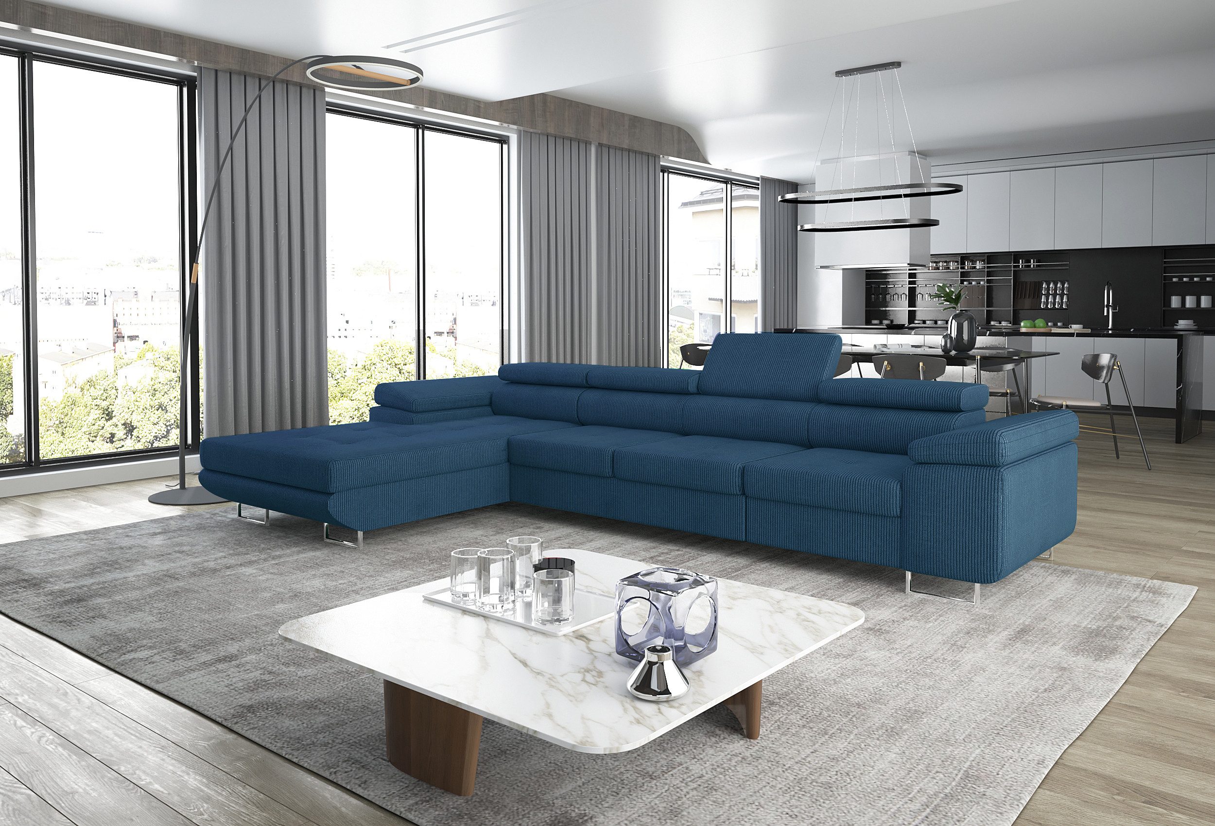 thematys Ecksofa ALVARO MAXI 355 x 204cm mit Schlaffunktion & Bettkasten –, L-Sofa mit 4 verstellbaren Kopfstützen, Samt (Monolotith), oder Cord (Poso) - L-Form, XL-Wohnlandschaft, 355 cm breit