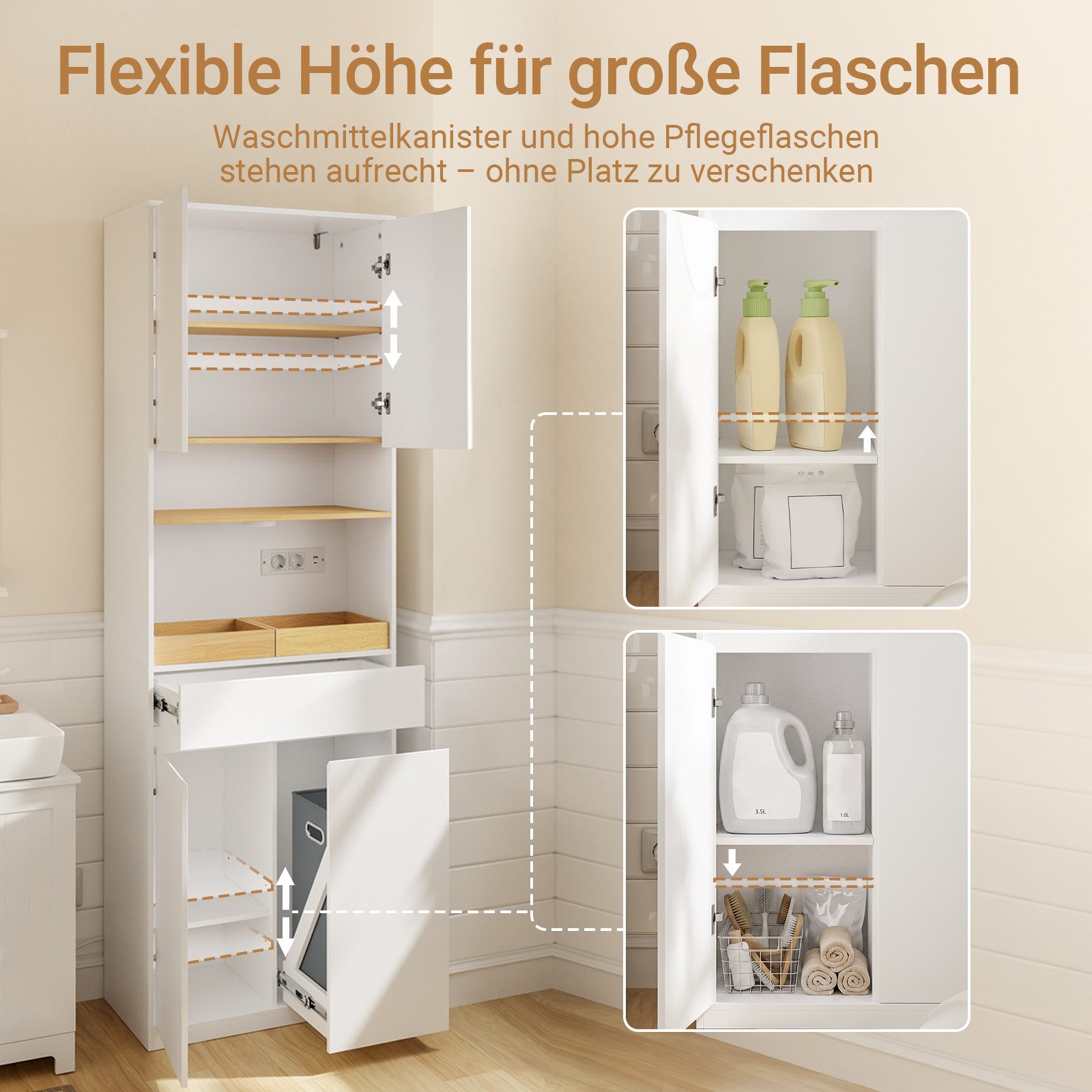 SoBuy Hochschrank BZR241-E, Badezimmerschrank schmal, mit LED Sensorleuchte & Steckdose (1er Set) Badkommode Badschrank, mit Türen, Schubladen & Ausziehbarer Wä – Bild 3 von 5