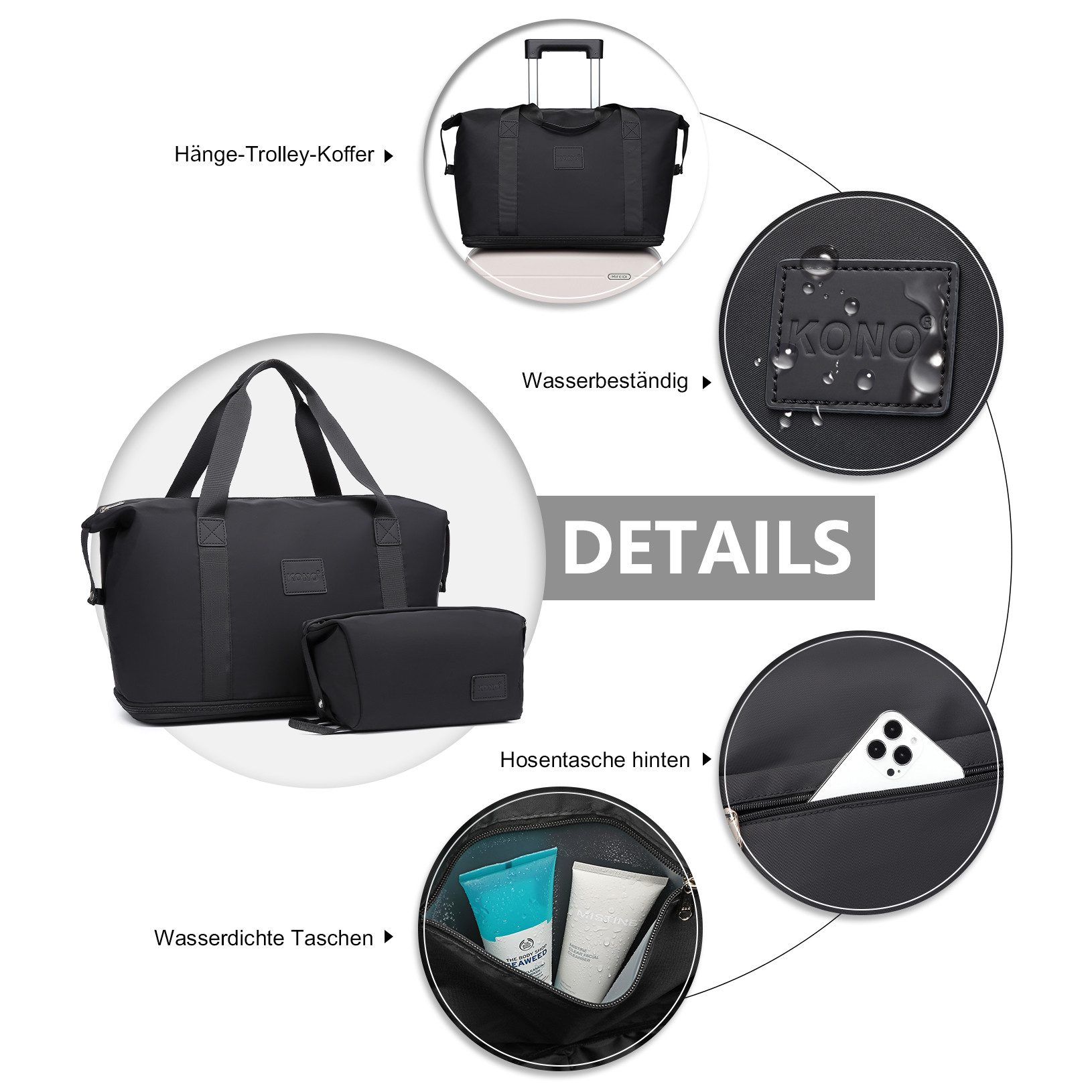 KONO Reisetasche 2-in-1 Set: Erweiterbare Handgepäck-Tasche (36L) + Kosmetiktasche, Praktisches und leichtes Design