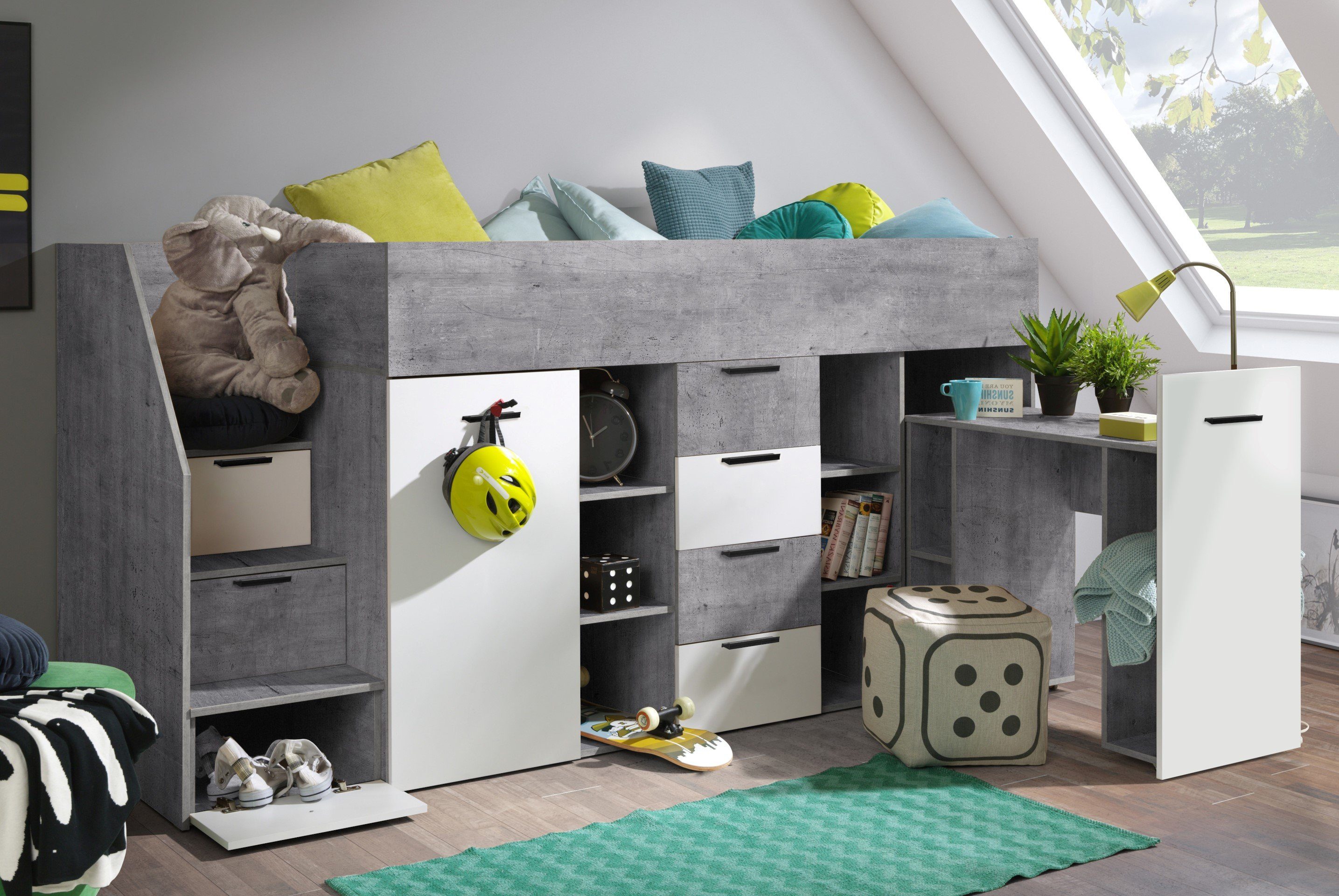 Unique Home Hochbett Kinderbett KON3-L, Hochbett mit Schreibtisch, Schrank und Schubladen Beton/Weiß