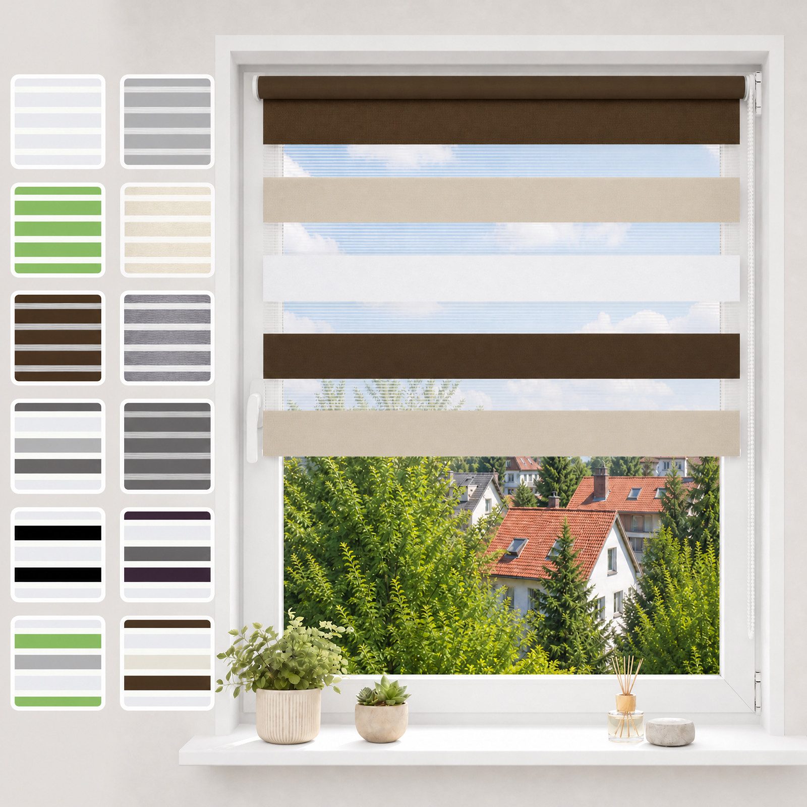 Doppelrollo ohne Bohren, Weiß-Beige-Braun/Weiß-Grau-Anthrazit, OUBO, Lichtdurchlässig Rollo für Fenster & Tür, Klemmfix, Klemmträger, Lichtschutz schnelle und einfache Montage mit beiliegendem