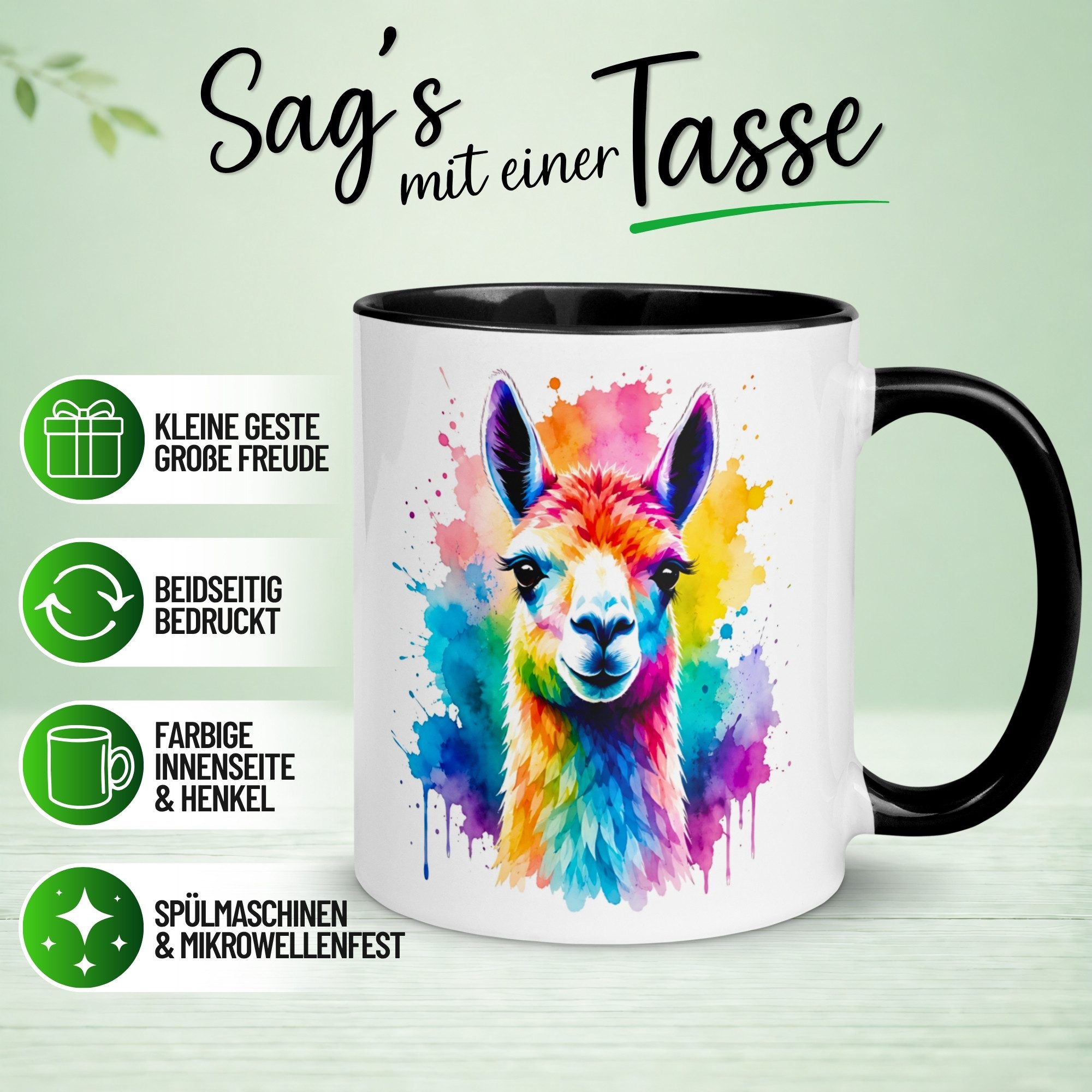 Momentals Tasse Lama – „Buntes Aquarell Farbenspiel“ – Geschenk Becher Alpaka, Gratis Versand · Links-&Rechtshänder · Spülmaschinenfest
