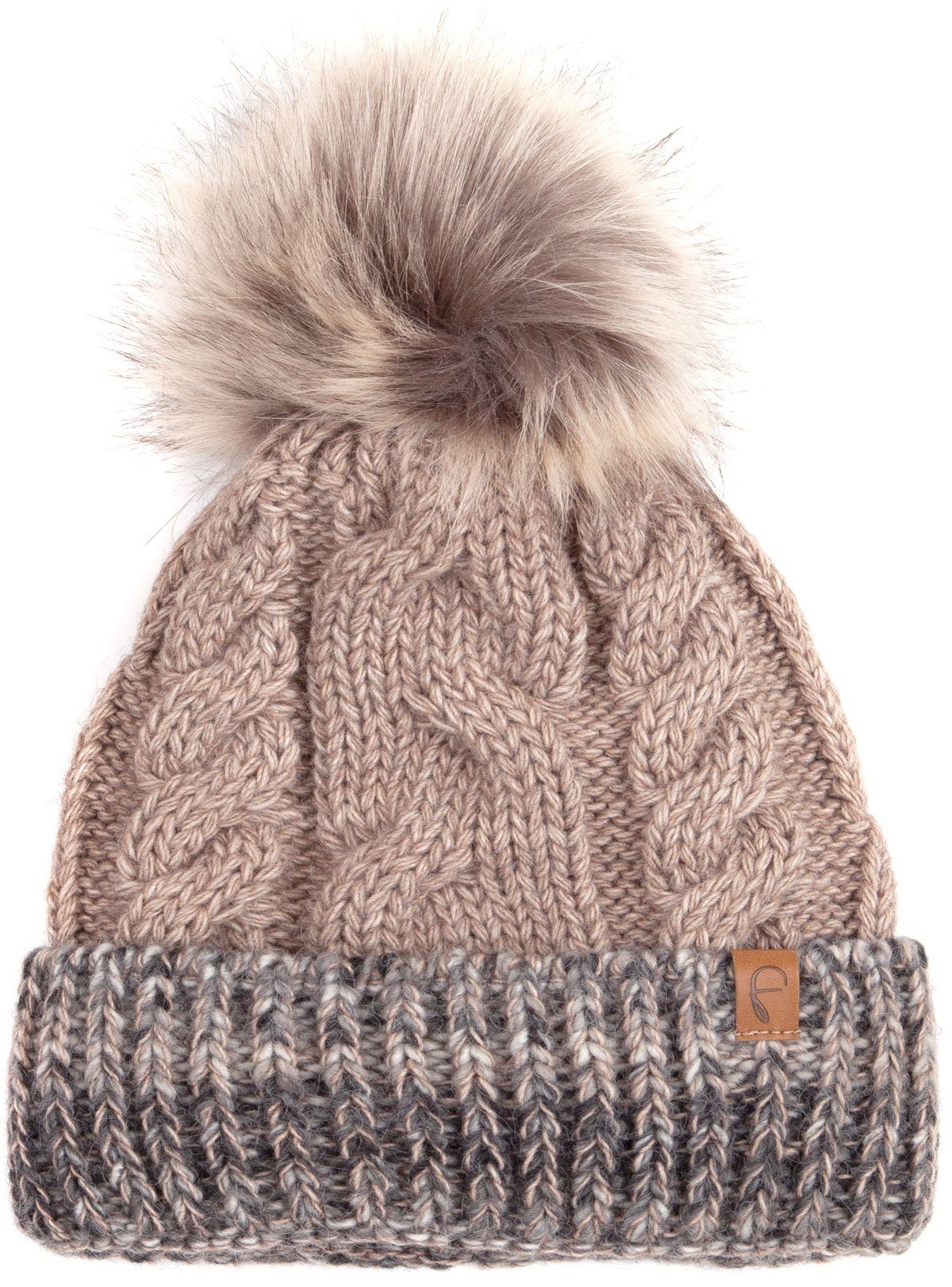 Haube Herren Faera gefüttert Wintermütze Mütze Damen Bommelmütze Beanie hellbraun Bommelmütze Strickmütze