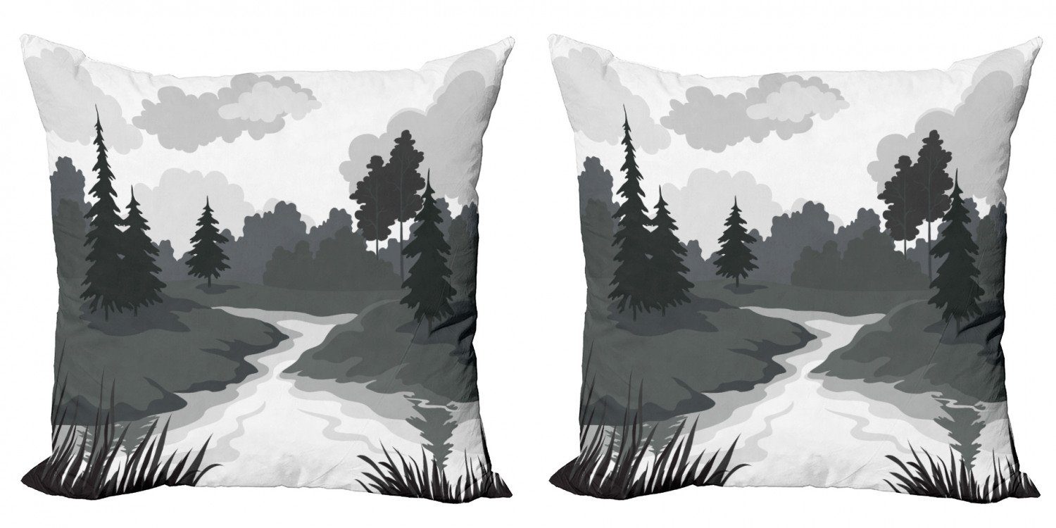 Landschaft (2 Stück), Graustufen- Forest lake Accent Doppelseitiger Digitaldruck, Modern Kissenbezüge Abakuhaus