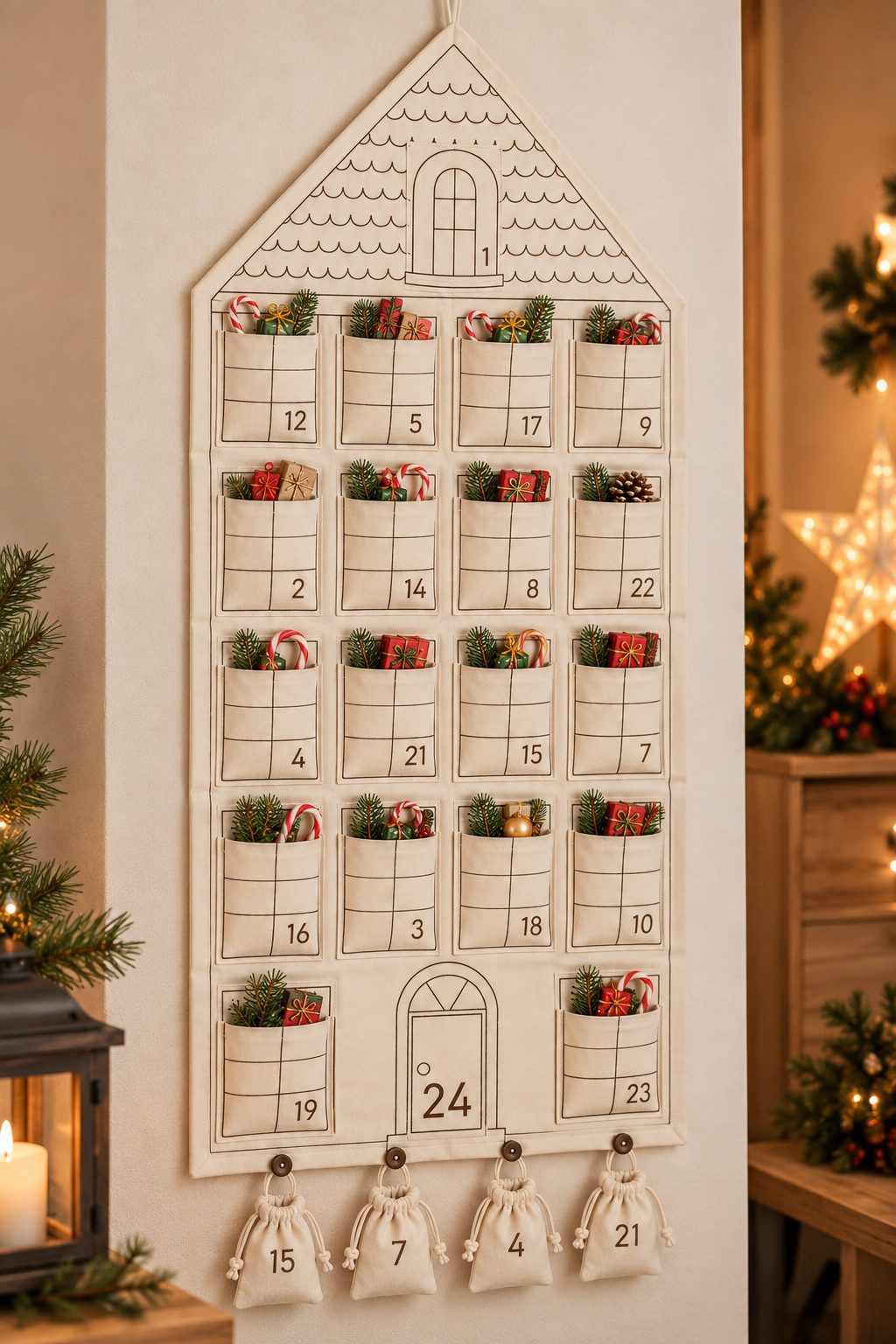 homsy by Ana Johnson Adventskalender Jolsy, Haus Weihnachten ca.50x120cm, für Türen, aber auch als Wanddeko, für Geschenke, Gutscheine, Süßigkeiten und andere Überraschungen