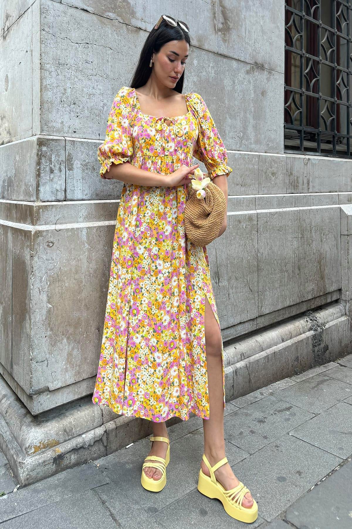 For You Moda Midikleid Natürliche Viskose Rüschenmuster Maxi Gelbes Kleid