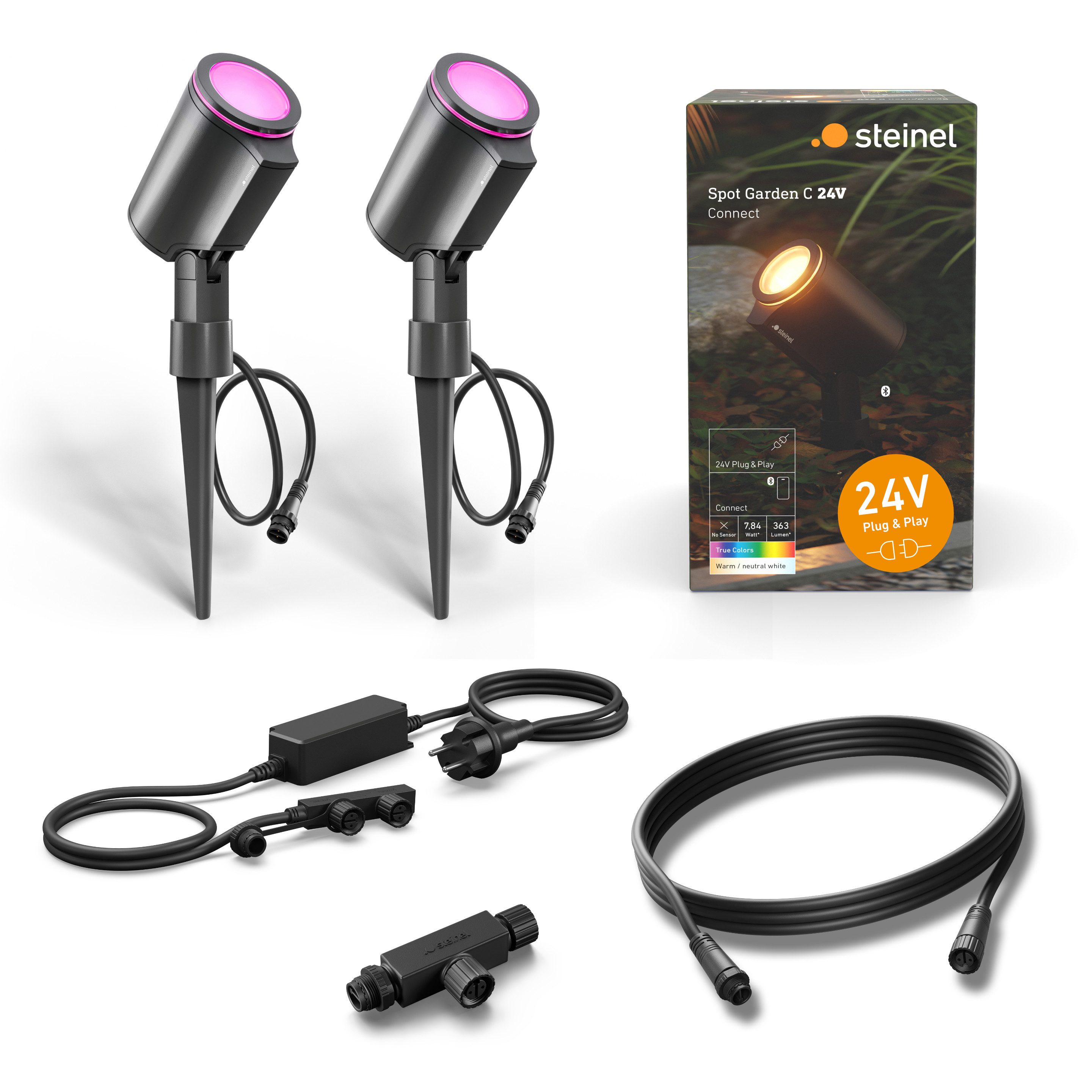 steinel Gartenstrahler Spot Garden 24 V, Starter-Set inkl. Netzteil, Kabel, T-Connector, LED fest integriert, 16 Mio. Farben, RGBWW, Dämmerungssensor, dimmbar, Zeitschaltuhr, Plug & Play