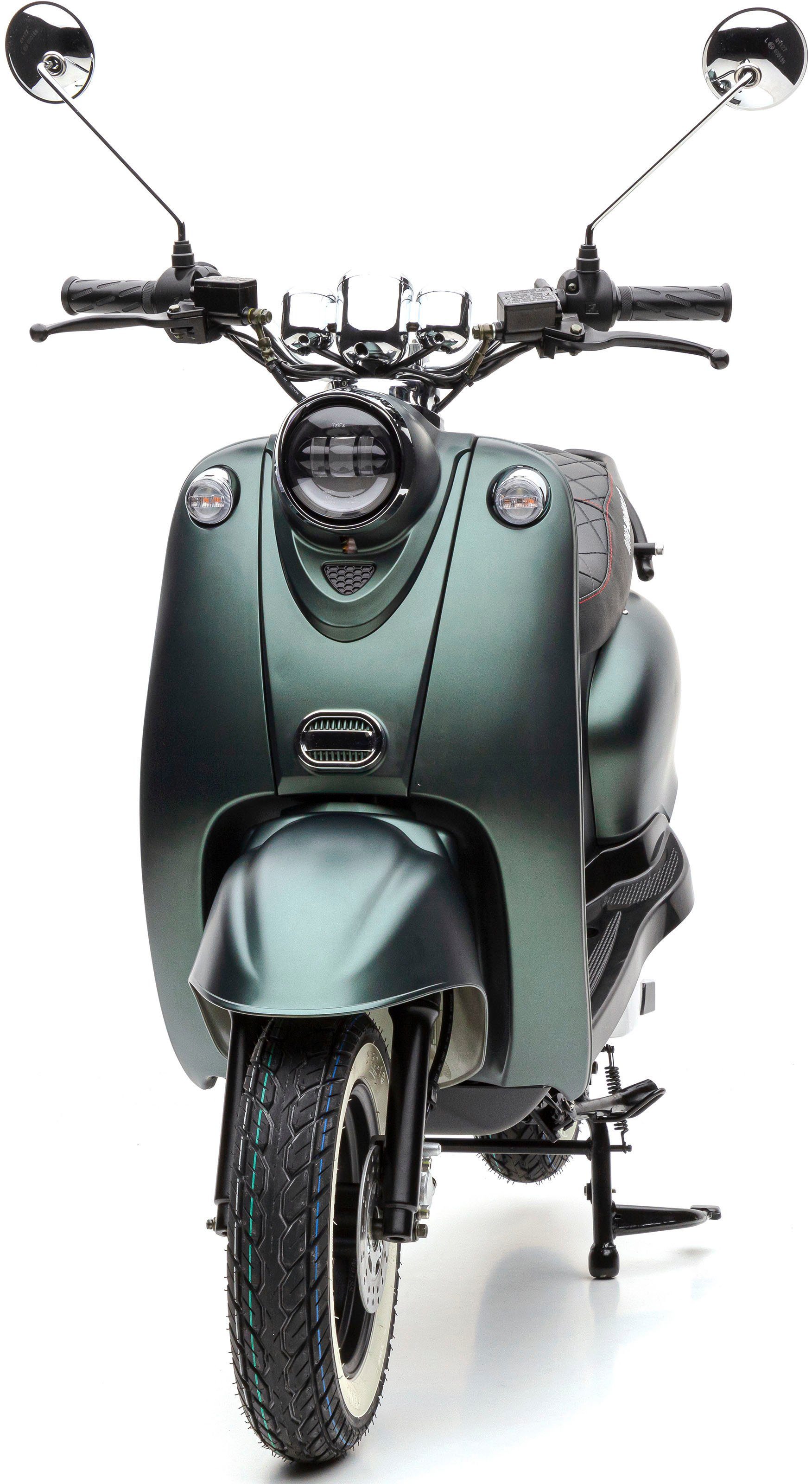 km/h, und W, Weißwandreifen, gesteppter Star E-Motorroller Nova Li Motors 45 Premium, 2000 Mit Sitzbank eRetro grün digitalem Tacho