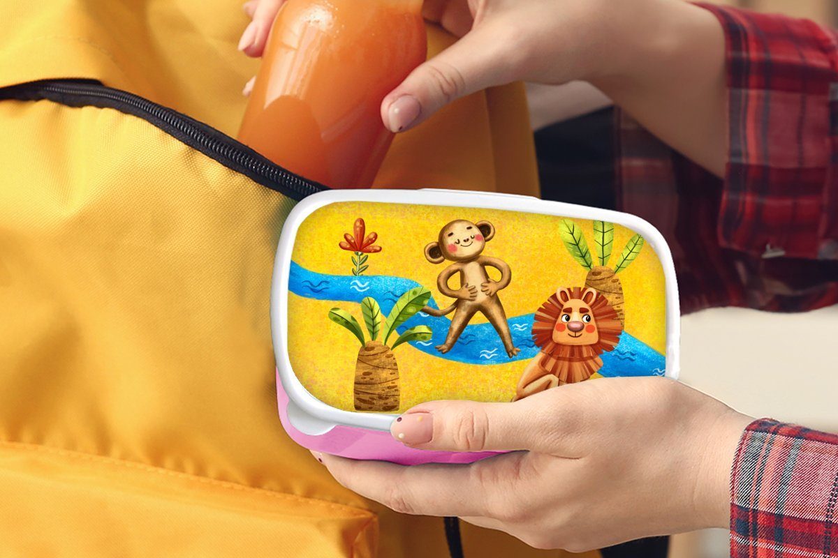 rosa Dschungel für Kunststoff - - Affe Brotbox Erwachsene, Lunchbox (2-tlg), Kinder, Mädchen, - Brotdose MuchoWow Kunststoff, Löwe Snackbox, Wasser,